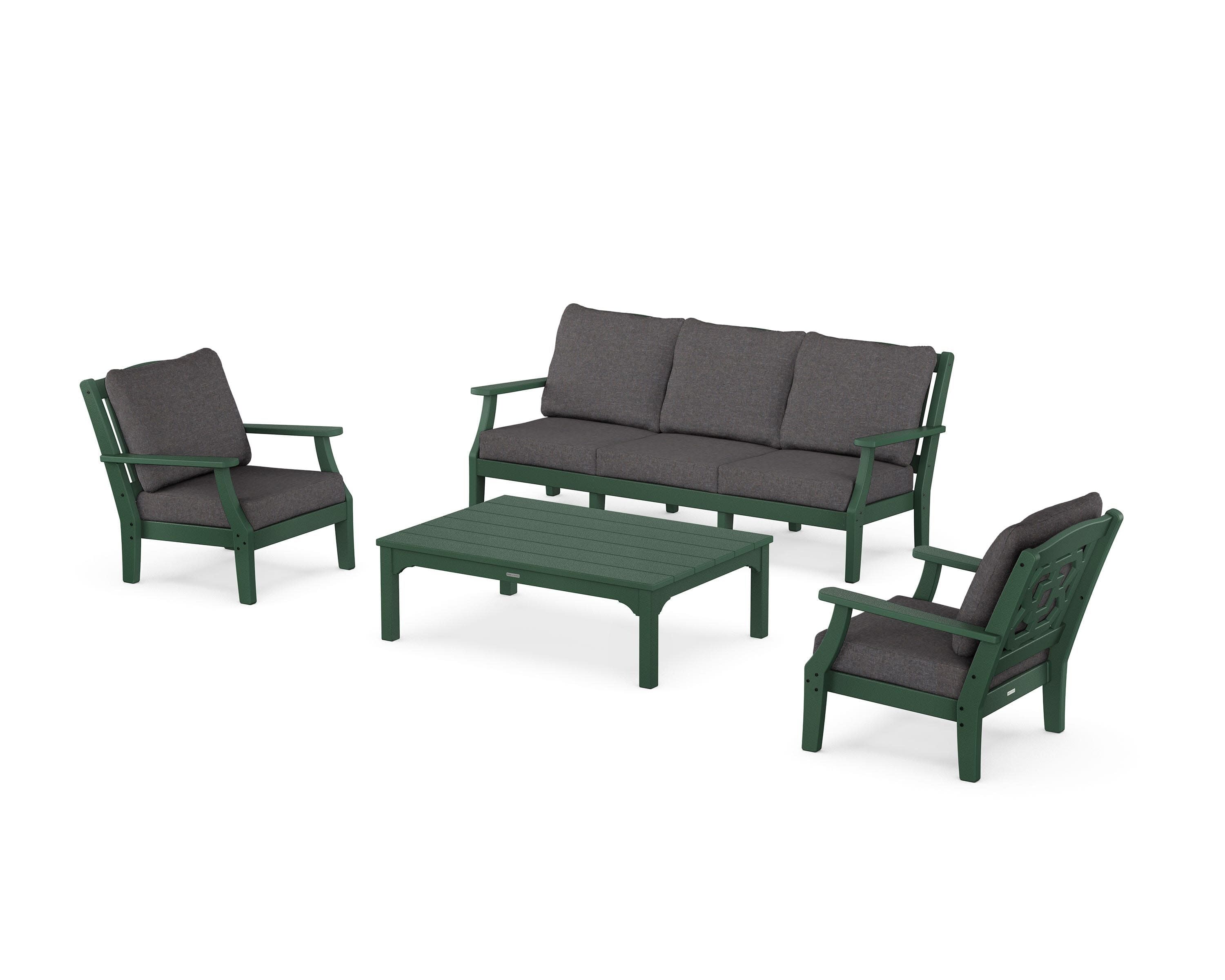 Chinoiserie 4-Piece Deep Seating Set with Sofa in Green / Ash Charcoal