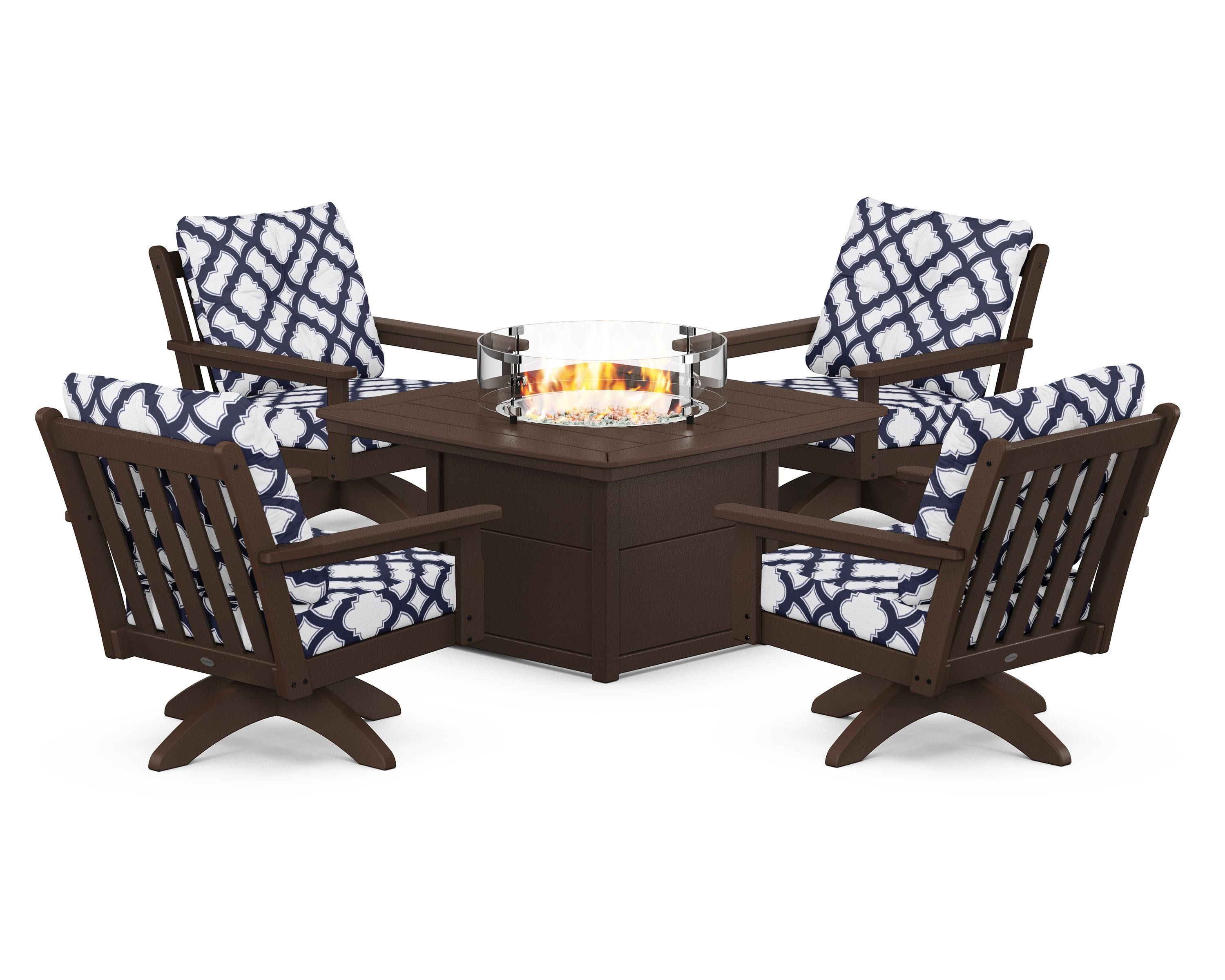 Vineyard 5-Piece Deep Seating Swivel Conversation Set with Fire Pit Table in Mahogany / Trellis Navy