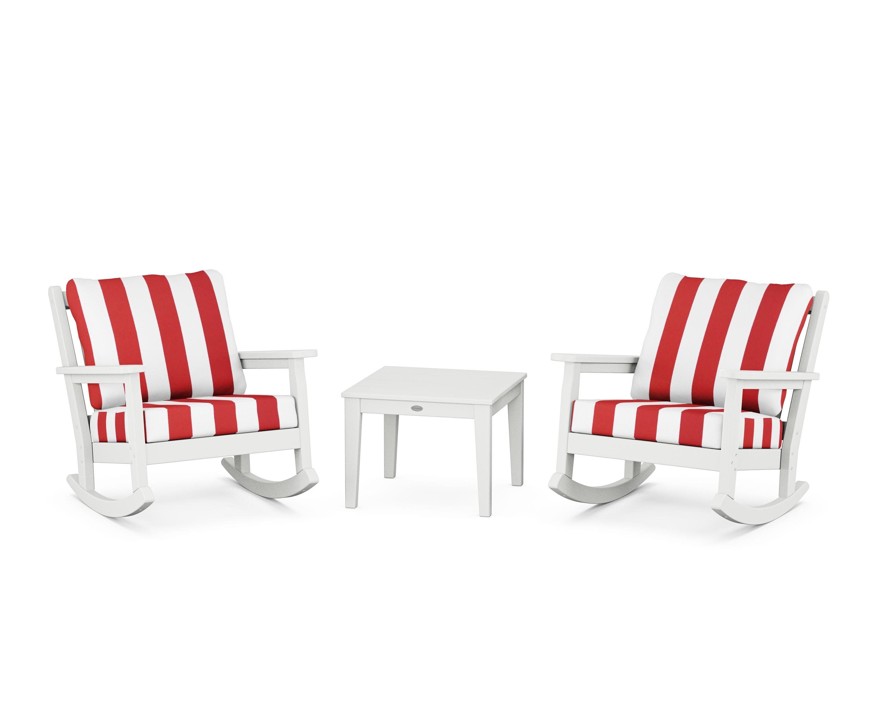 Chippendale 3-Piece Deep Seating Rocker Set in White / Cabana Stripe Crimson