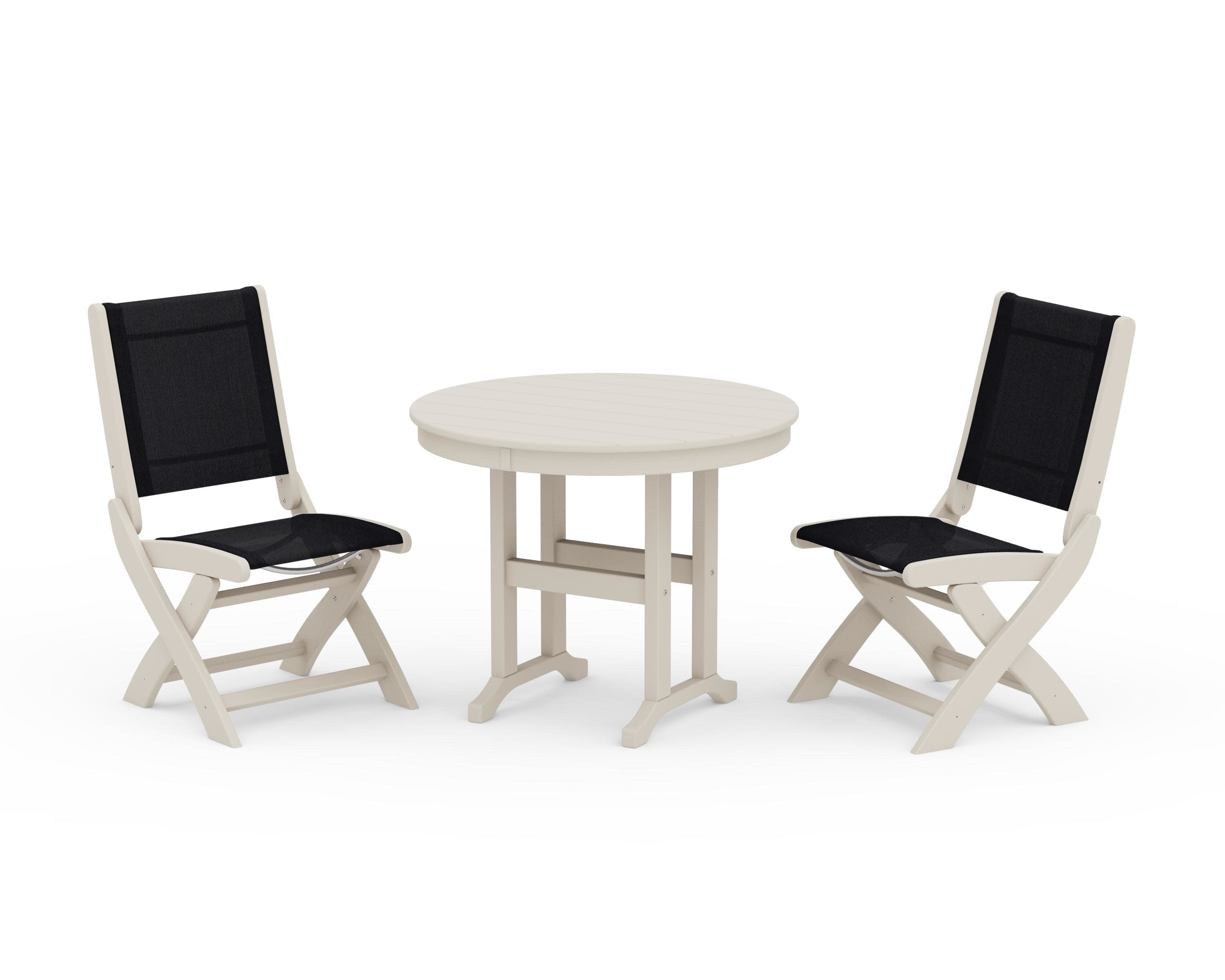 Coastal Folding Side Chair 3-Piece Round Dining Set in Sand / Black Sling