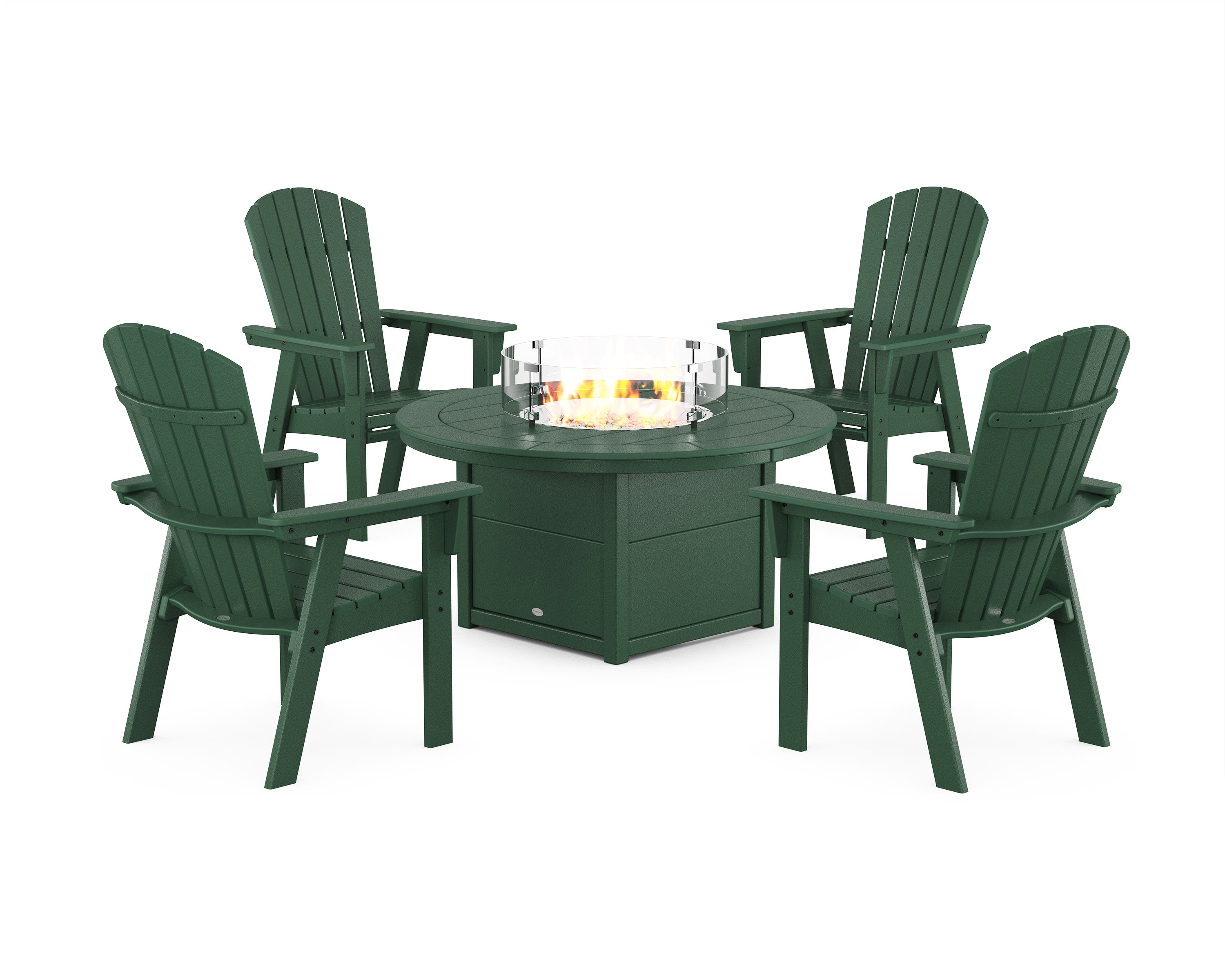 Nautical 4-Piece Curveback Upright Adirondack Conversation Set with Fire Pit Table in Green