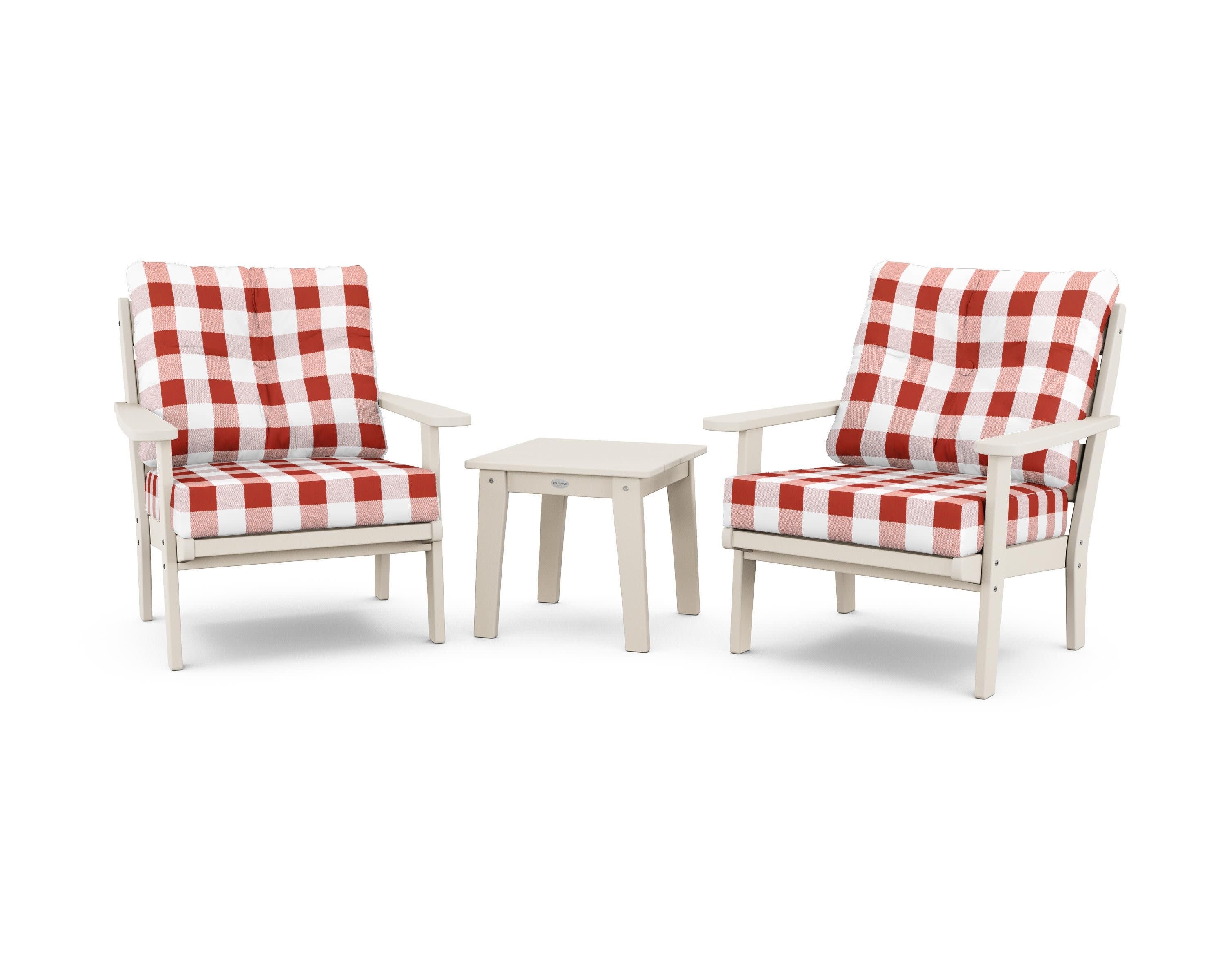 Lakeside 3-Piece Deep Seating Chair Set in Sand / Buffalo Plaid Crimson