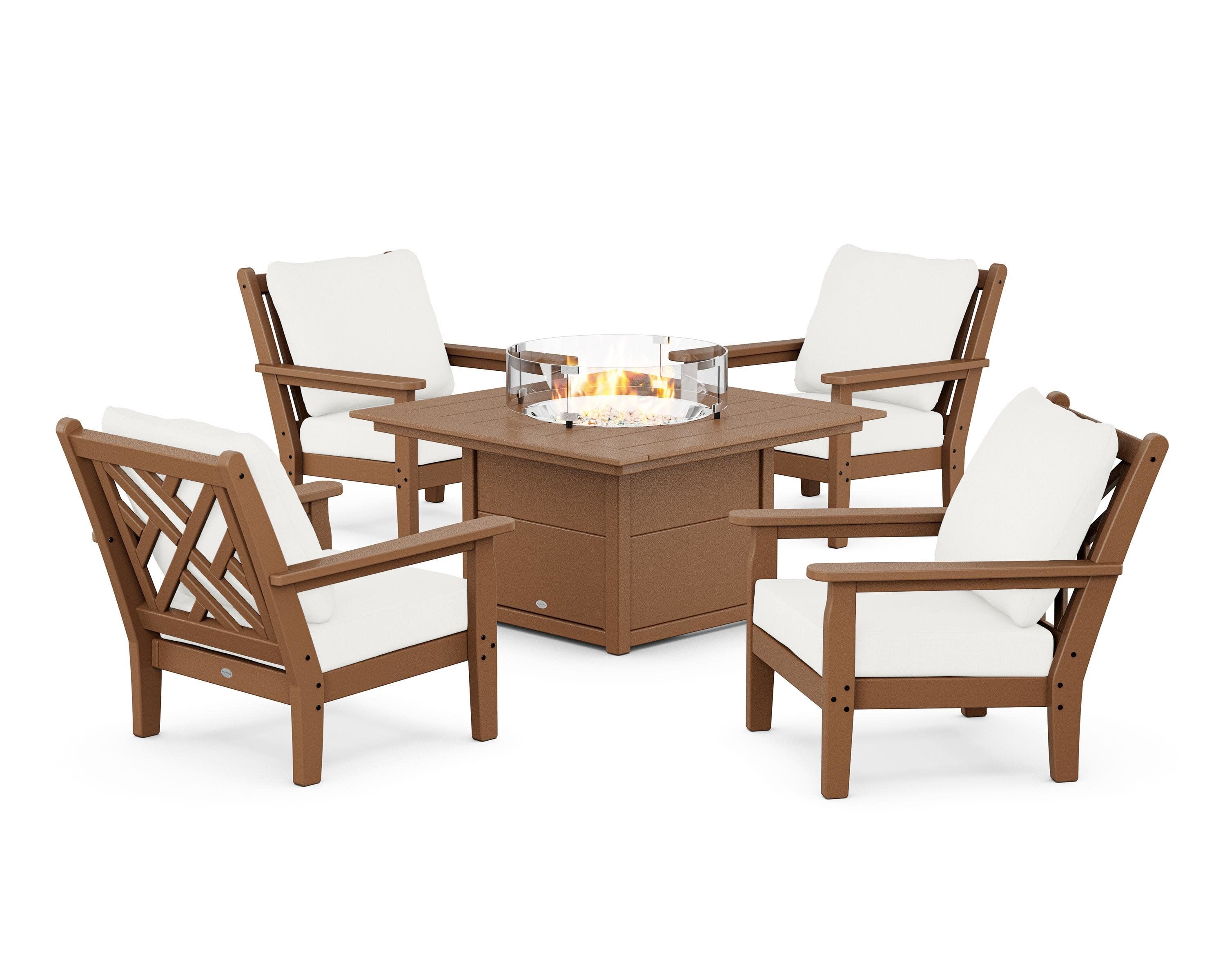 Chippendale 5-Piece Deep Seating Set with Fire Pit Table in Teak / Natural Linen