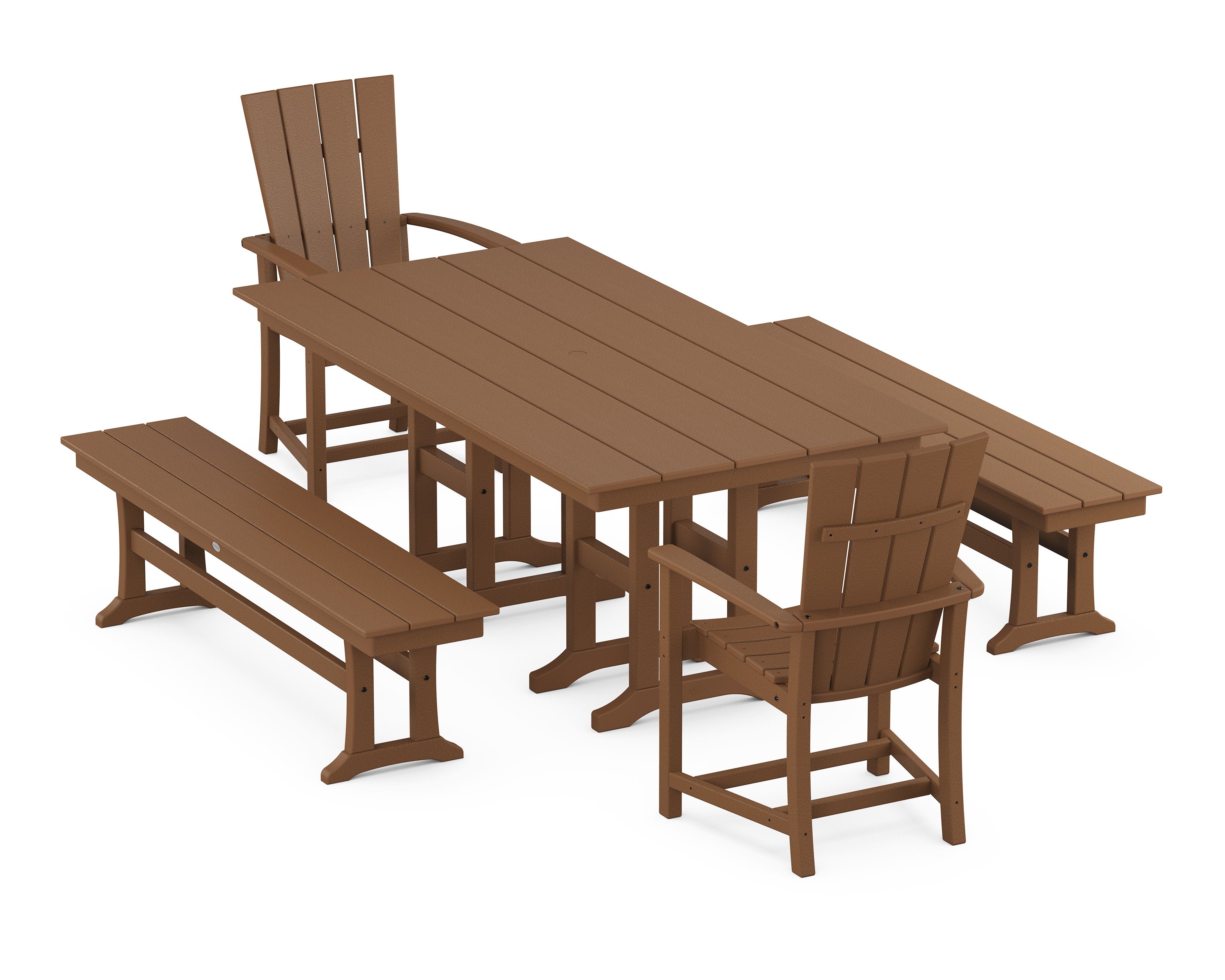 Quattro 5-Piece Farmhouse Dining Set with Benches in Teak