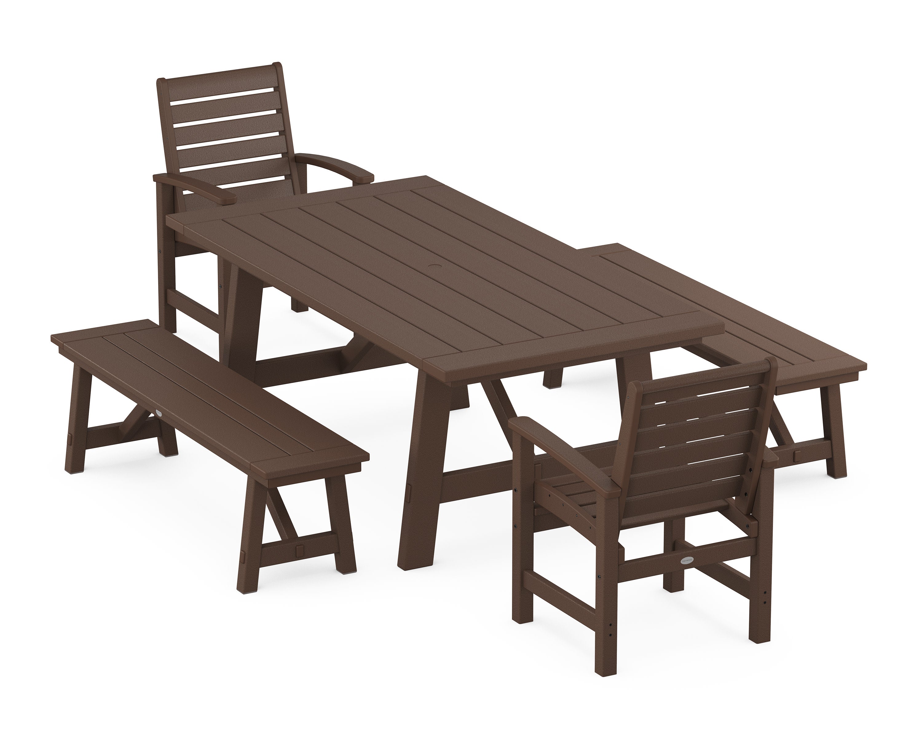 Signature 5-Piece Rustic Farmhouse Dining Set With Benches in Mahogany