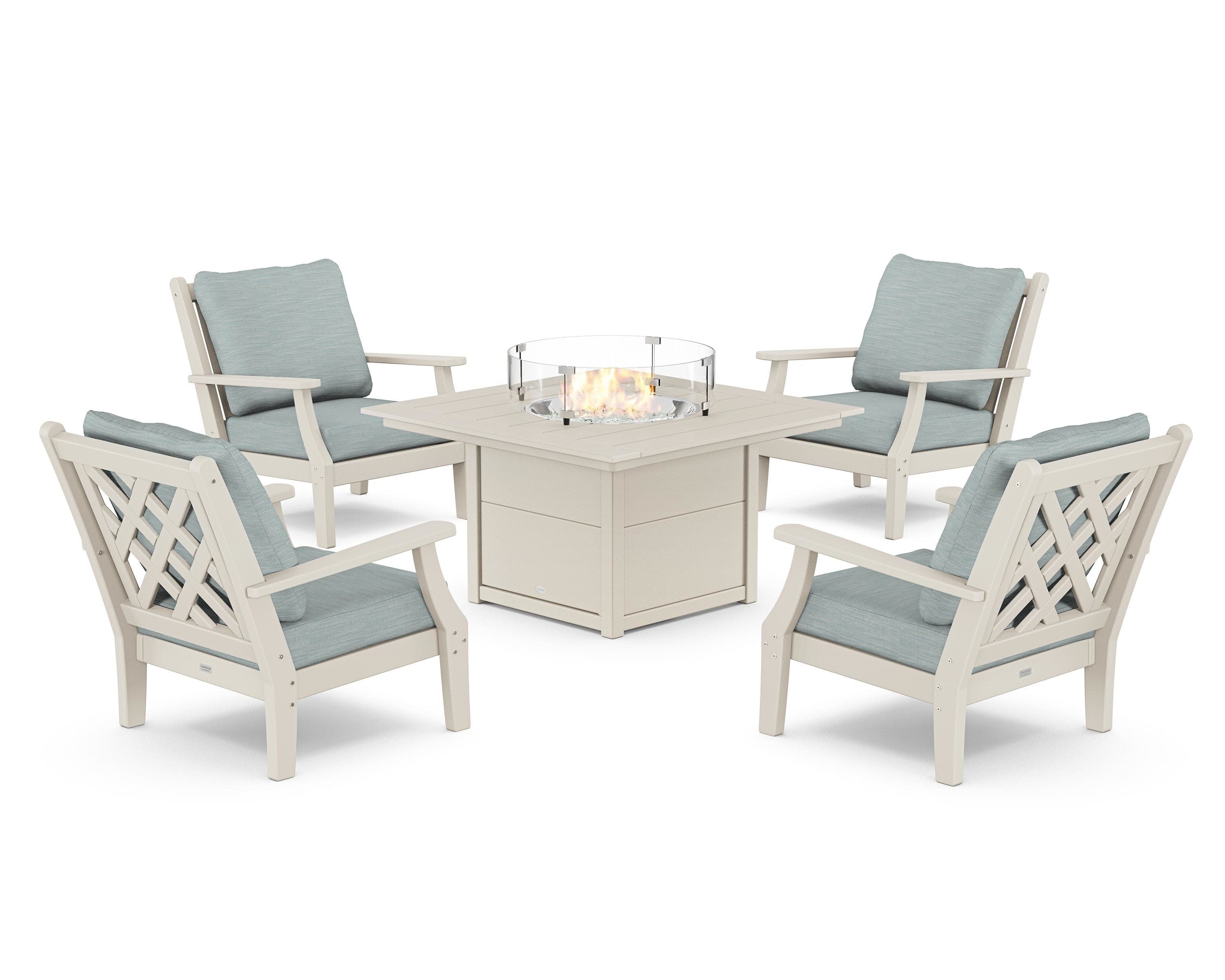 Wovendale 5-Piece Deep Seating Set with Fire Pit Table in Sand / Soothe Mist