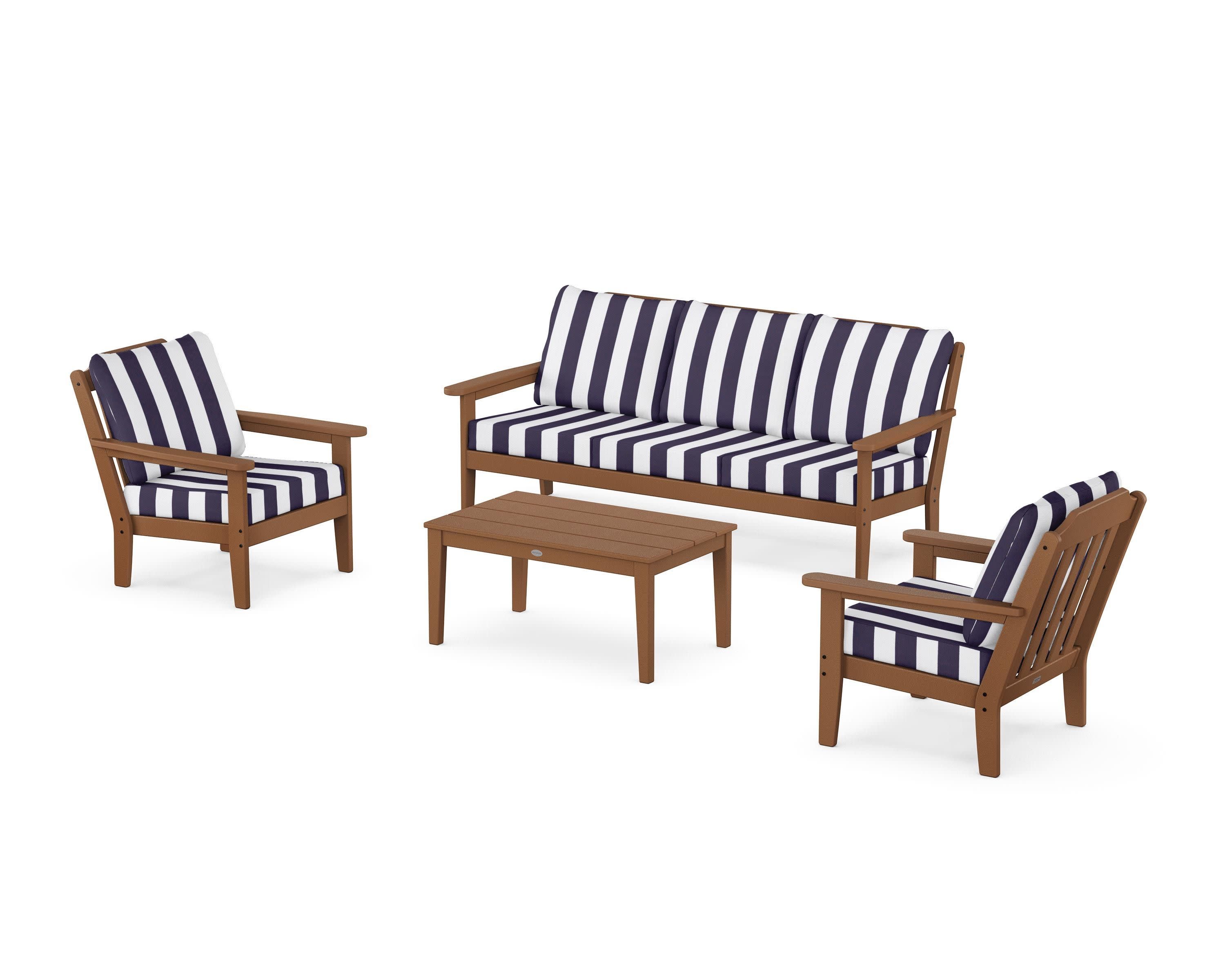 Cottage 4-Piece Deep Seating Set with Sofa in Teak / Cabana Stripe Navy