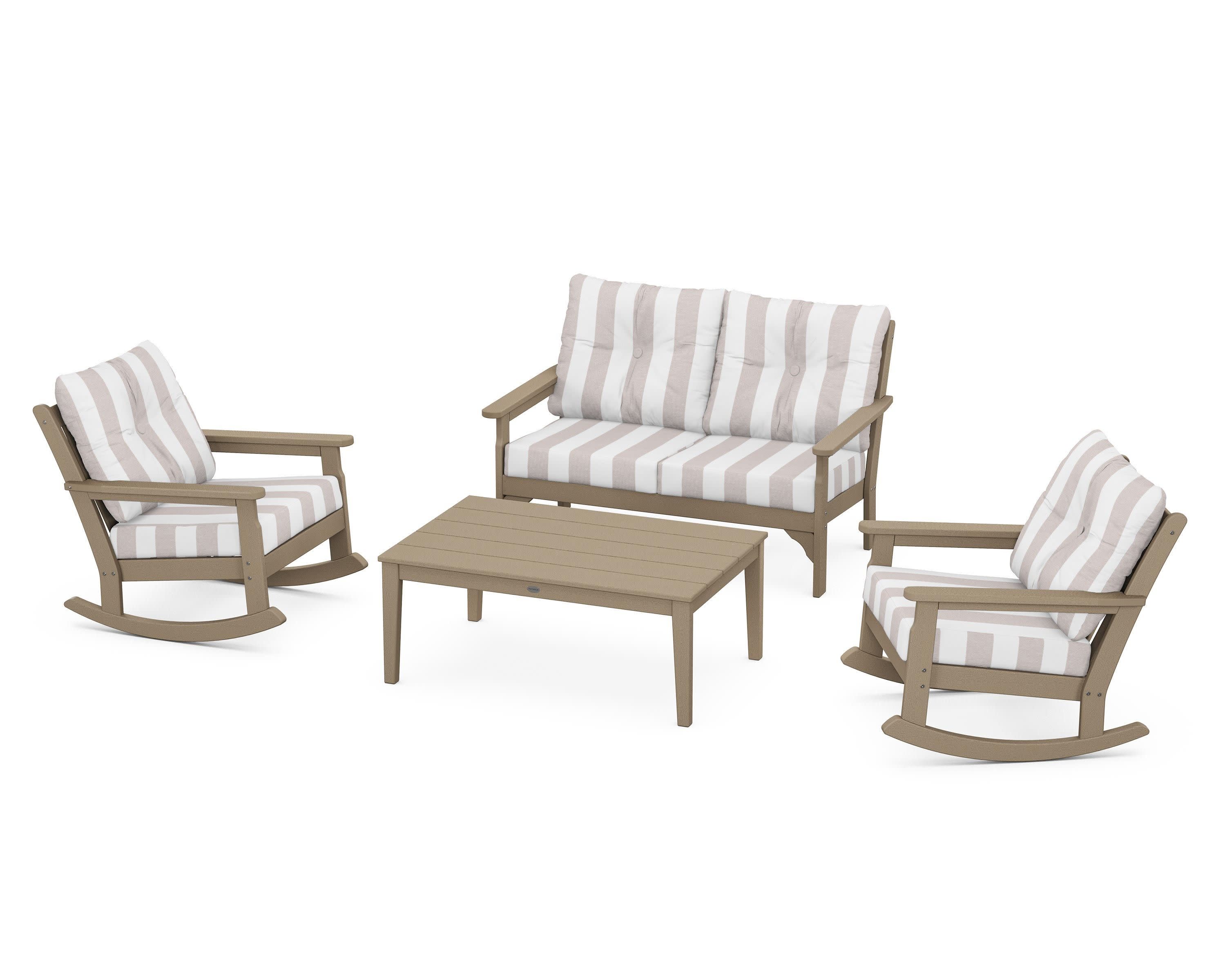 Vineyard 4-Piece Deep Seating Rocking Chair Set in Vintage Sahara / Cabana Stripe Dune Burlap
