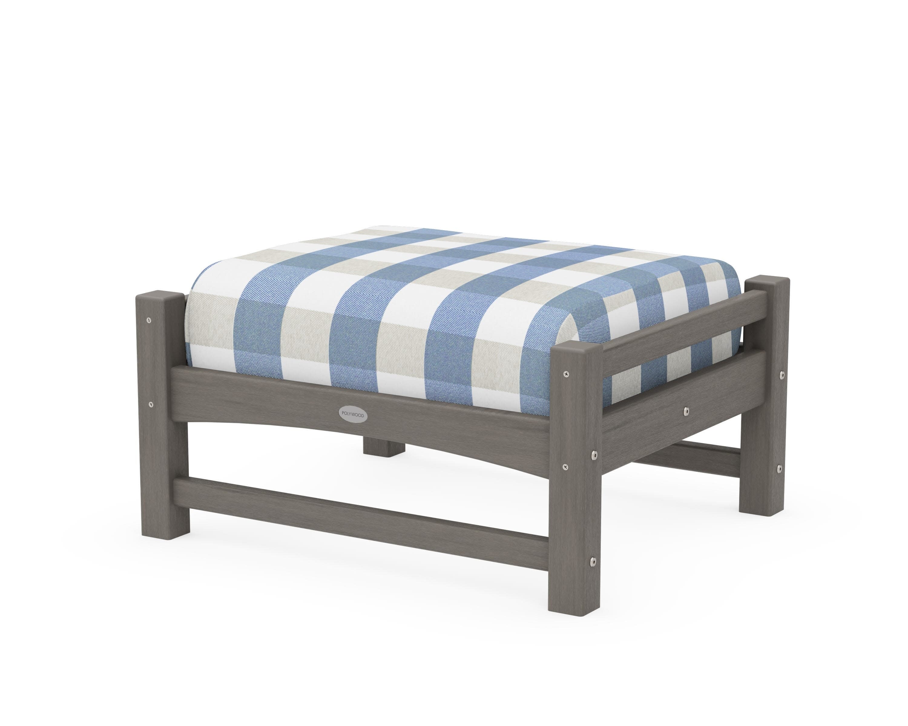 Club Ottoman in Driftwood / Buffalo Plaid Sky Blue