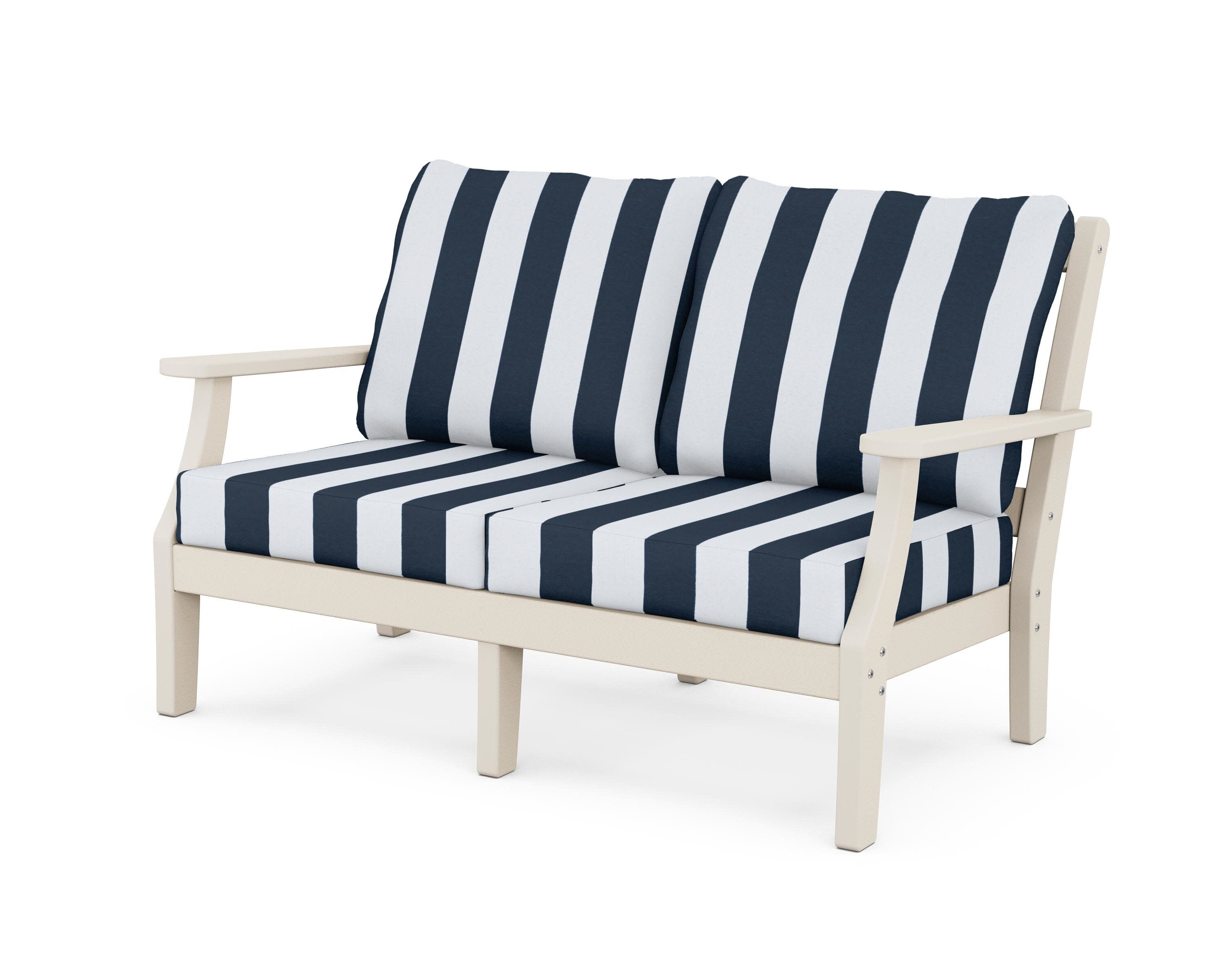 Chinoiserie Deep Seating Loveseat in Sand / Cabana Stripe Marine Indigo