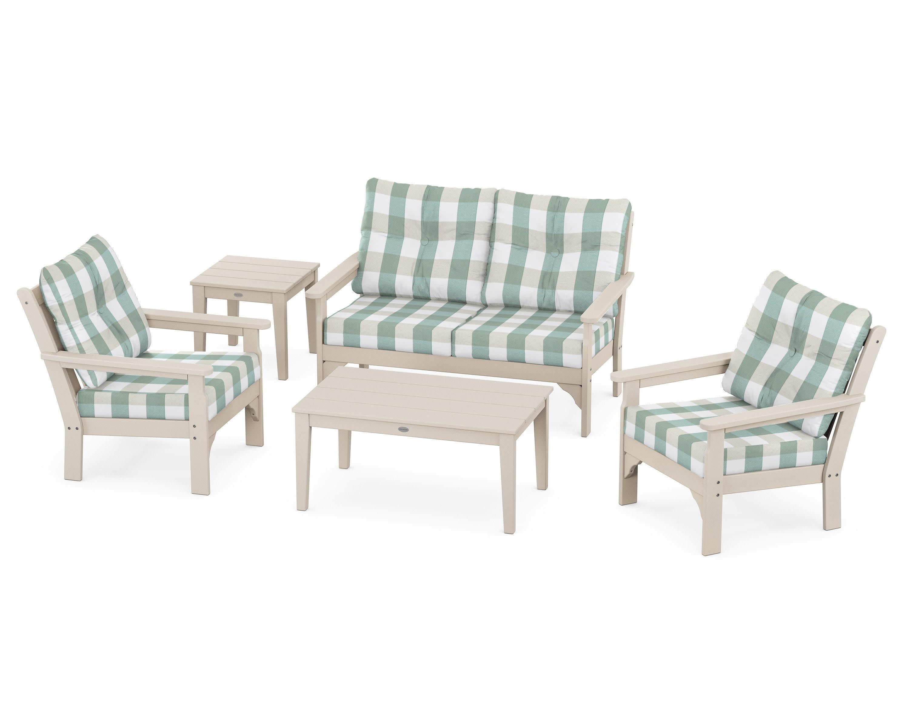 Vineyard 5-Piece Deep Seating Set in Sand / Buffalo Plaid Glacier Spa
