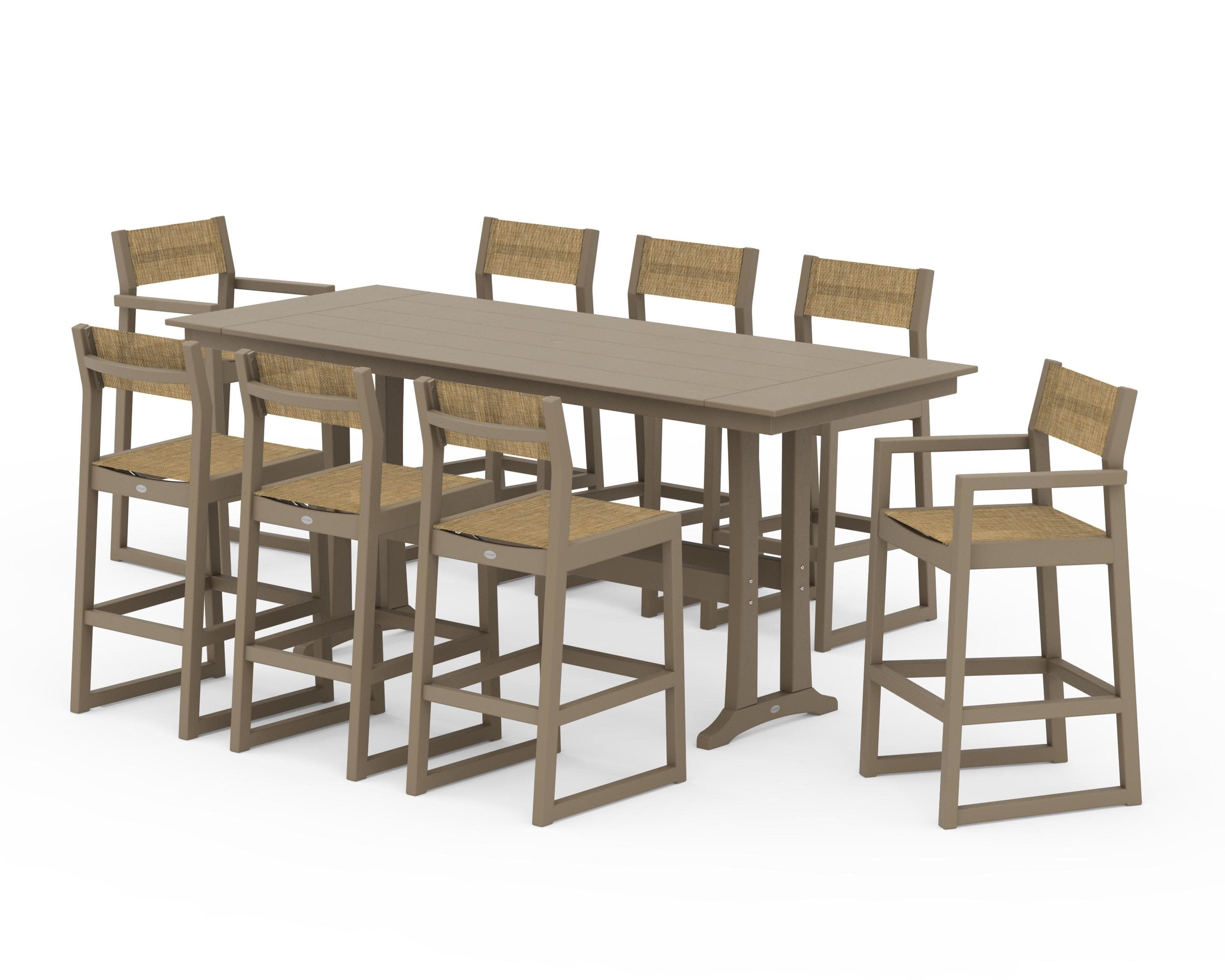 EDGE Sling 9-Piece Farmhouse Bar Set with Trestle Legs in Vintage Sahara / Burlap Sling