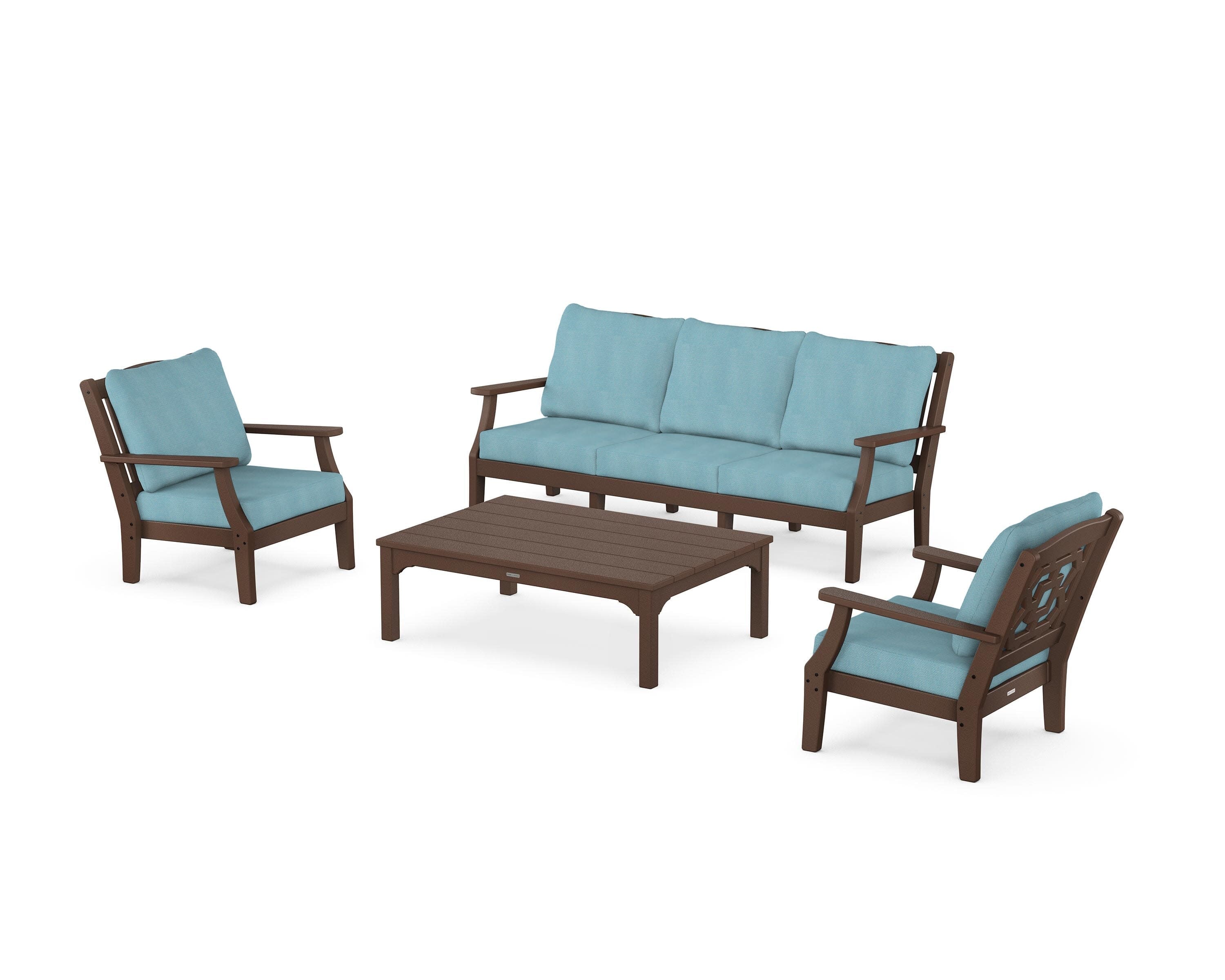 Chinoiserie 4-Piece Deep Seating Set with Sofa in Mahogany / Lattice Sky Blue