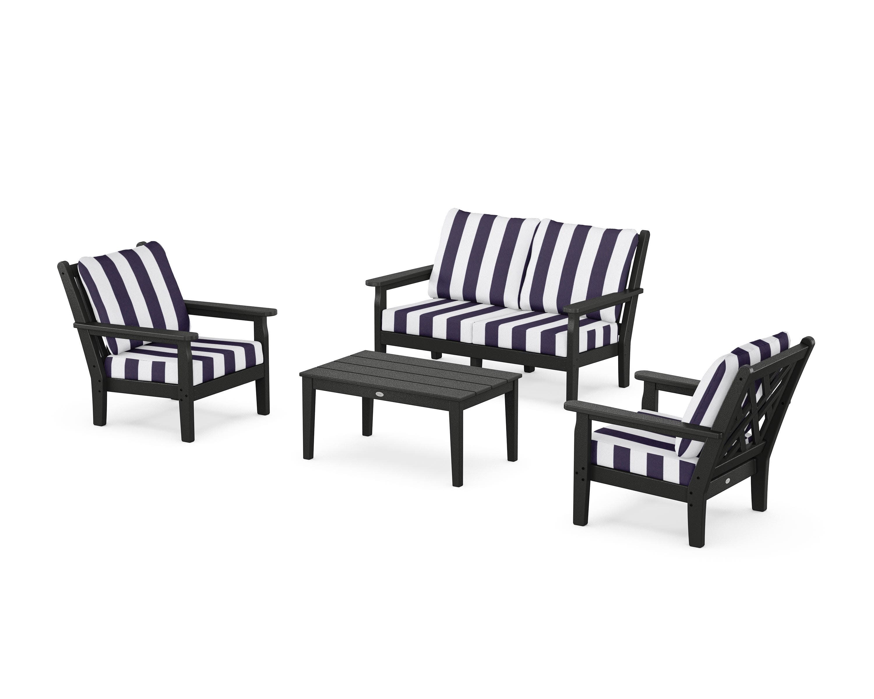Chippendale 4-Piece Deep Seating Set with Loveseat in Black / Cabana Stripe Navy