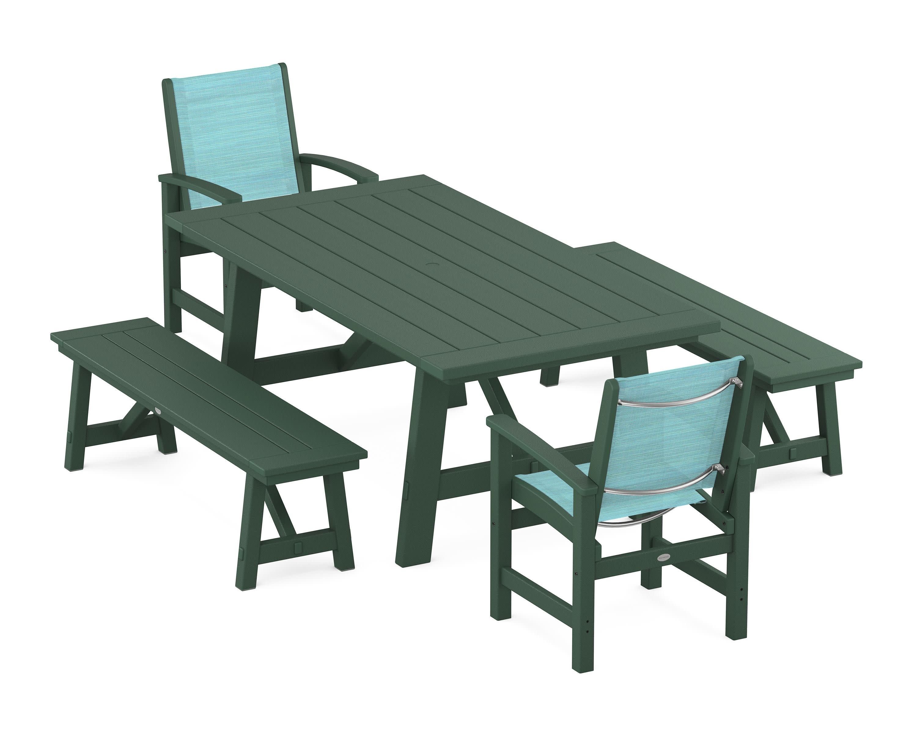 Coastal 5-Piece Rustic Farmhouse Dining Set With Benches in Green / Dupioni Aquamarine Sling