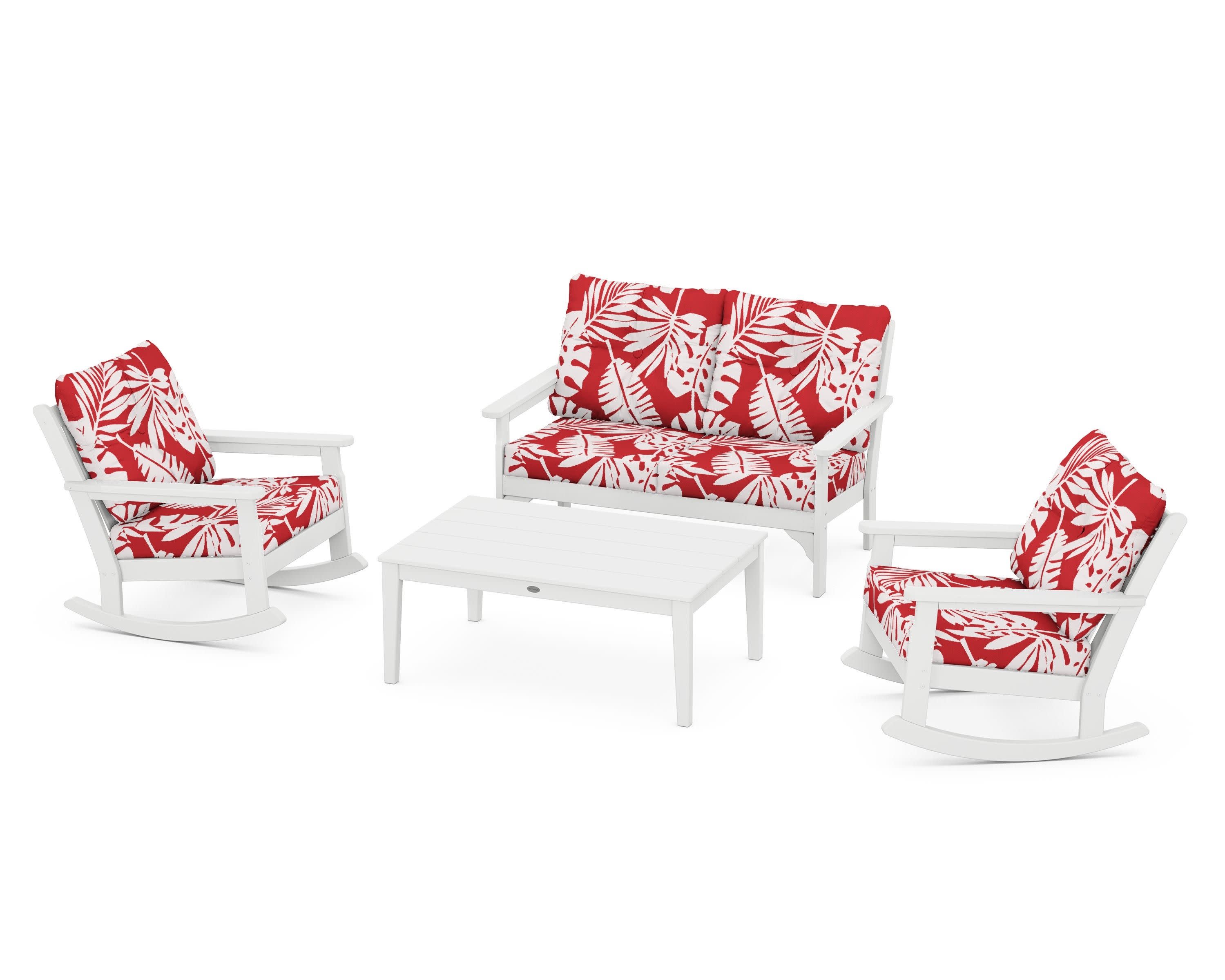Vineyard 4-Piece Deep Seating Rocking Chair Set in White / Leaf Crimson