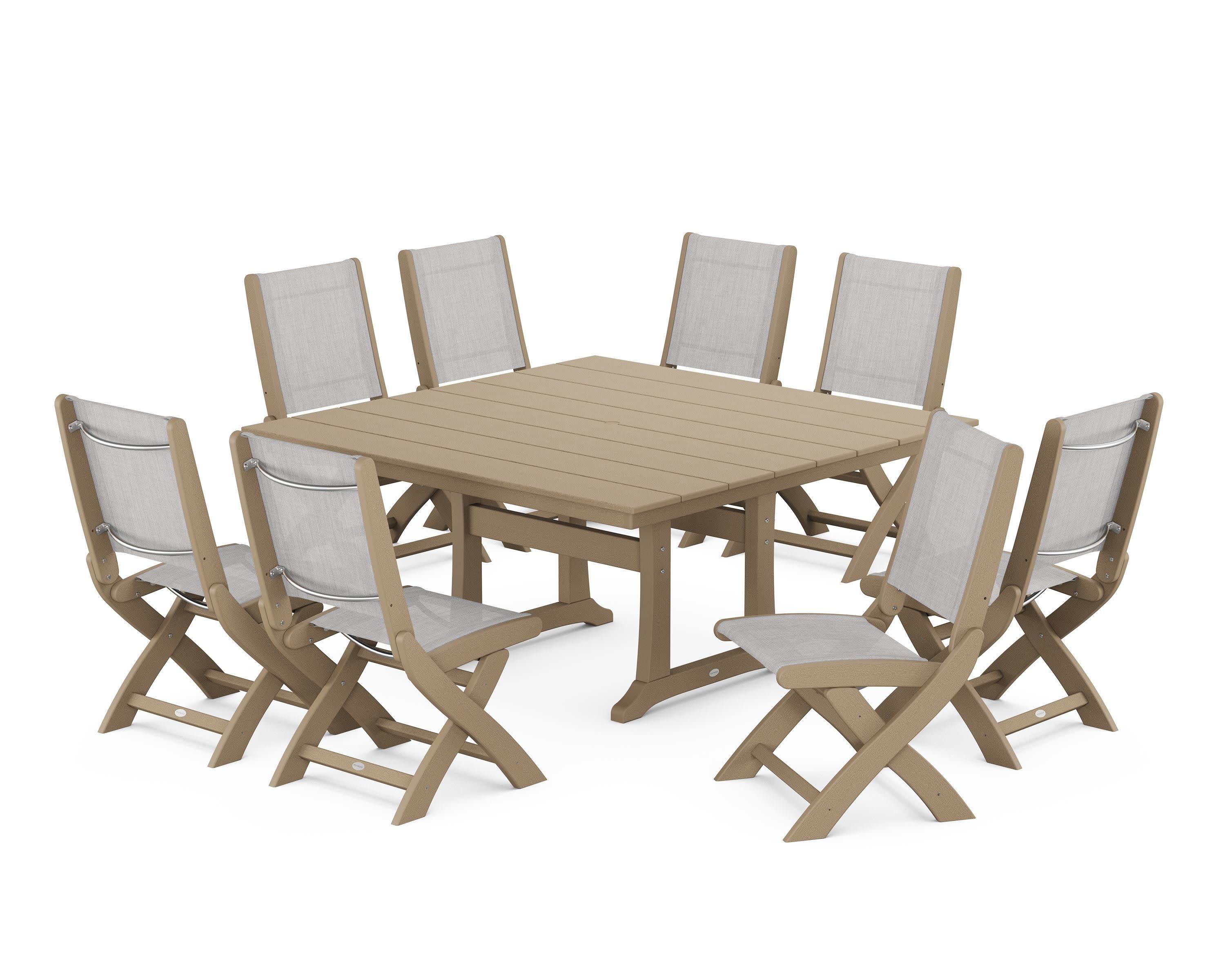 Coastal Folding Side Chair 9-Piece Farmhouse Dining Set in Vintage Sahara / Parchment Sling