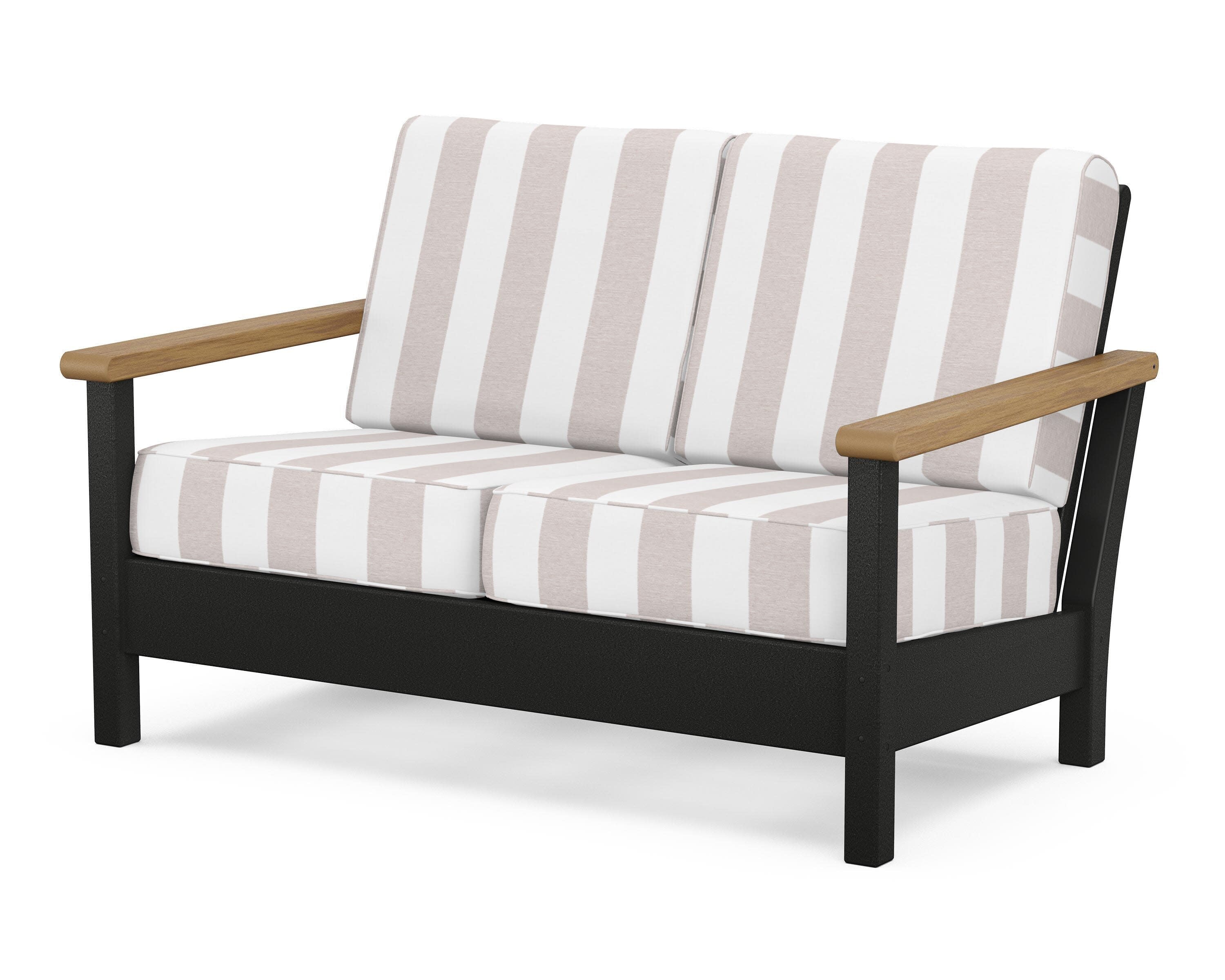 Harbour Deep Seating Loveseat in Black / Natural / Cabana Stripe Dune Burlap