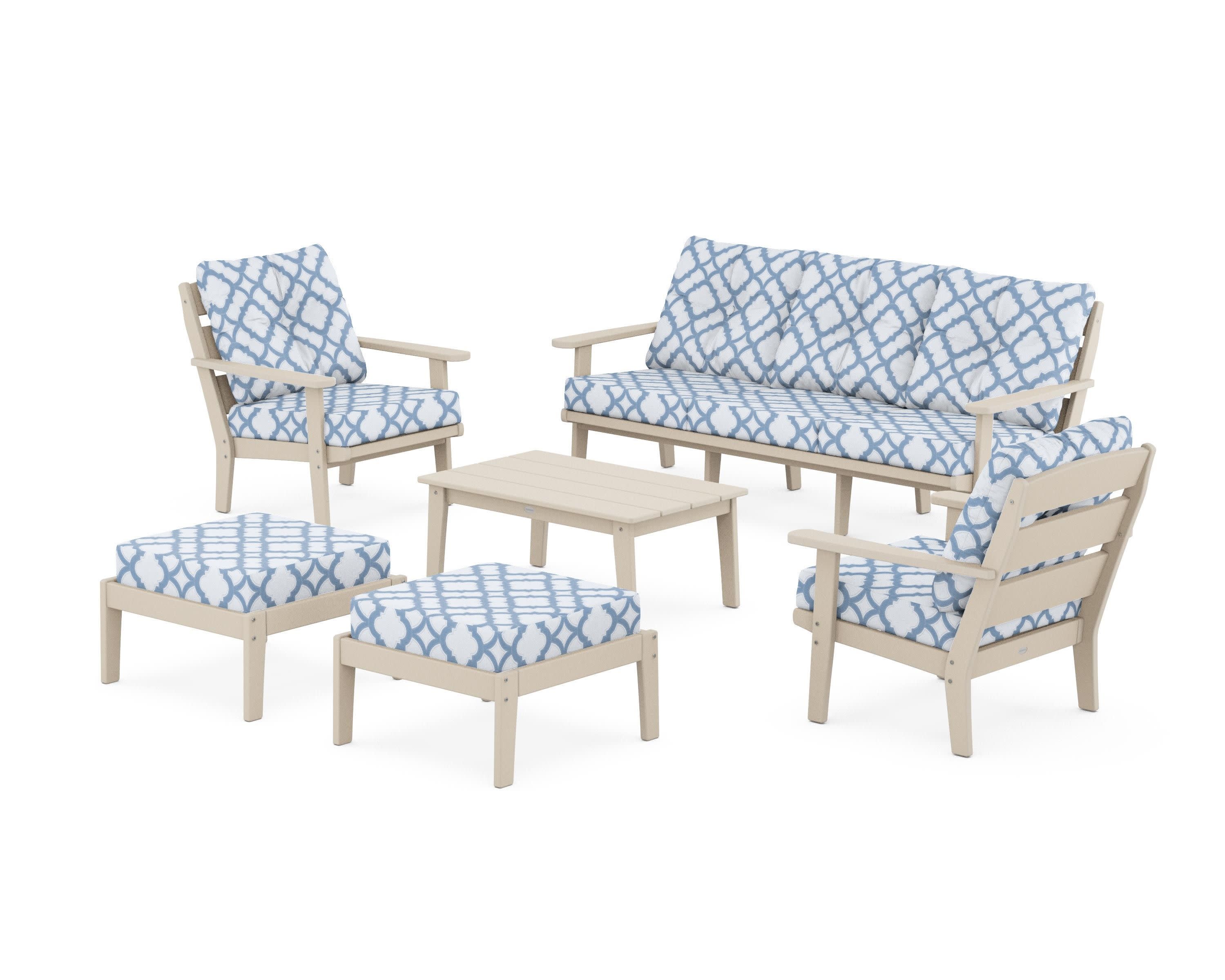 Lakeside 6-Piece Lounge Sofa Set in Sand / Trellis Sky Blue