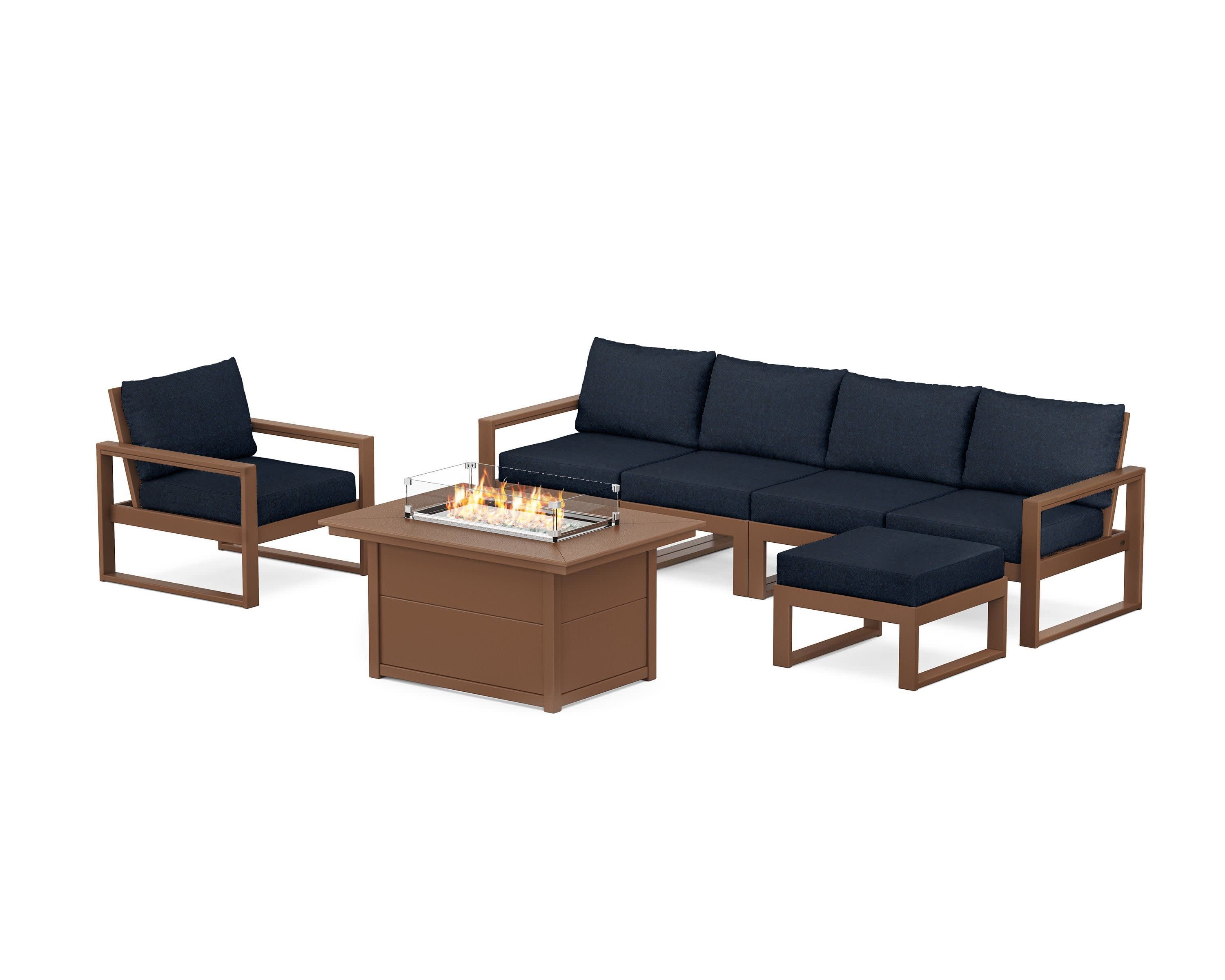 EDGE Sectional Lounge and Fire Pit Set in Teak / Marine Indigo