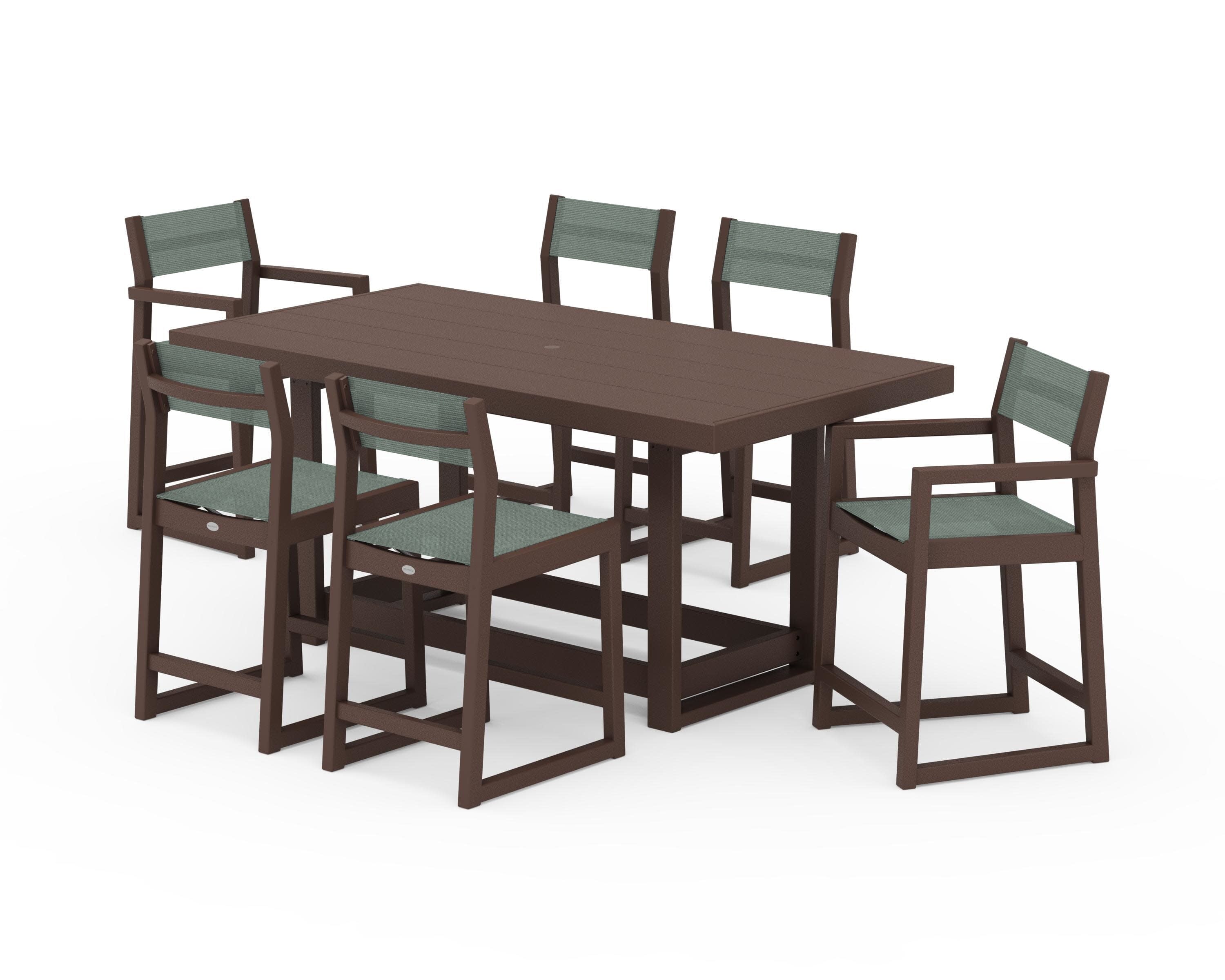 EDGE Sling 7-Piece Counter Table Set in Mahogany / Dupioni Sea Mist Sling