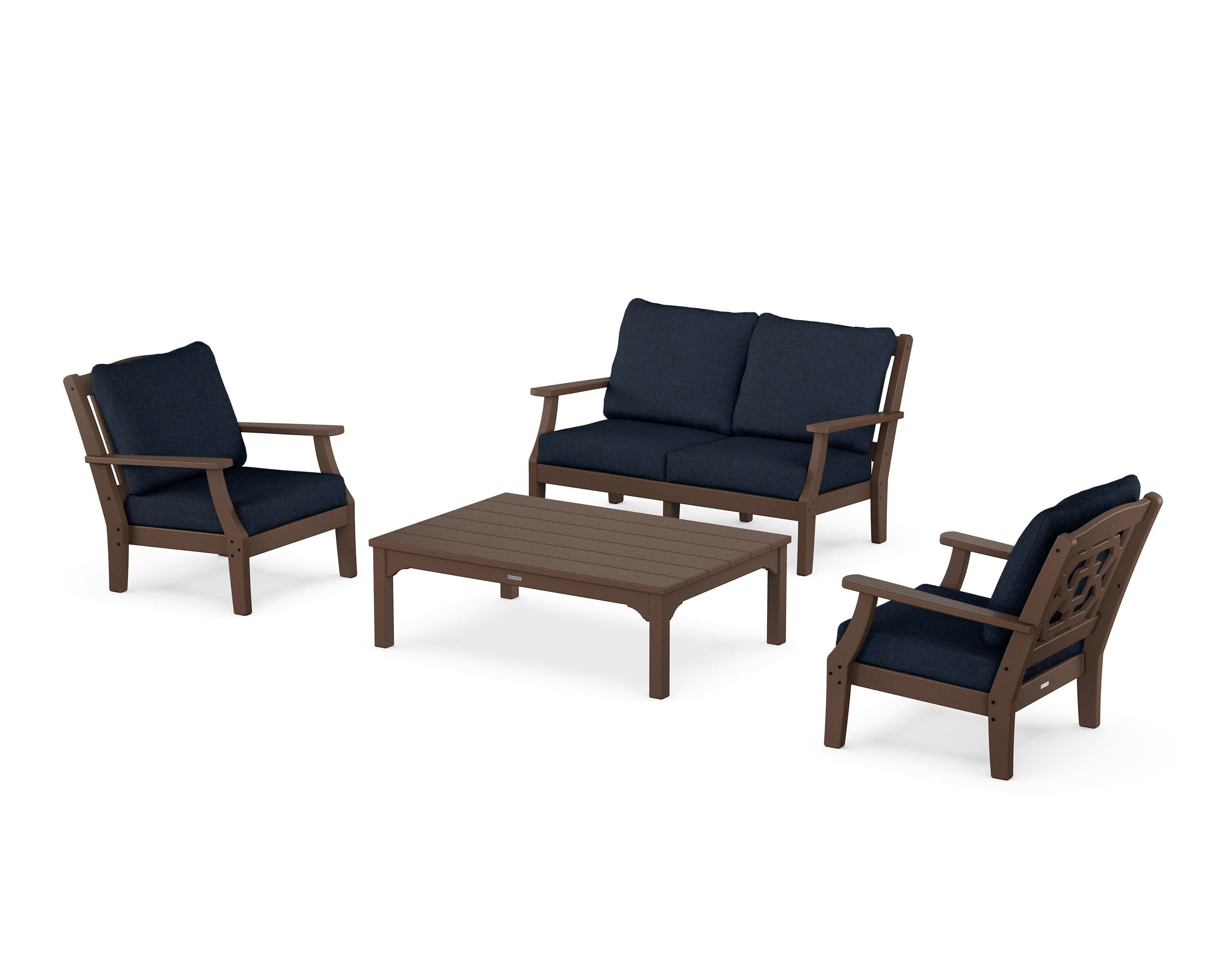 Chinoiserie 4-Piece Deep Seating Set with Loveseat in Mahogany / Marine Indigo