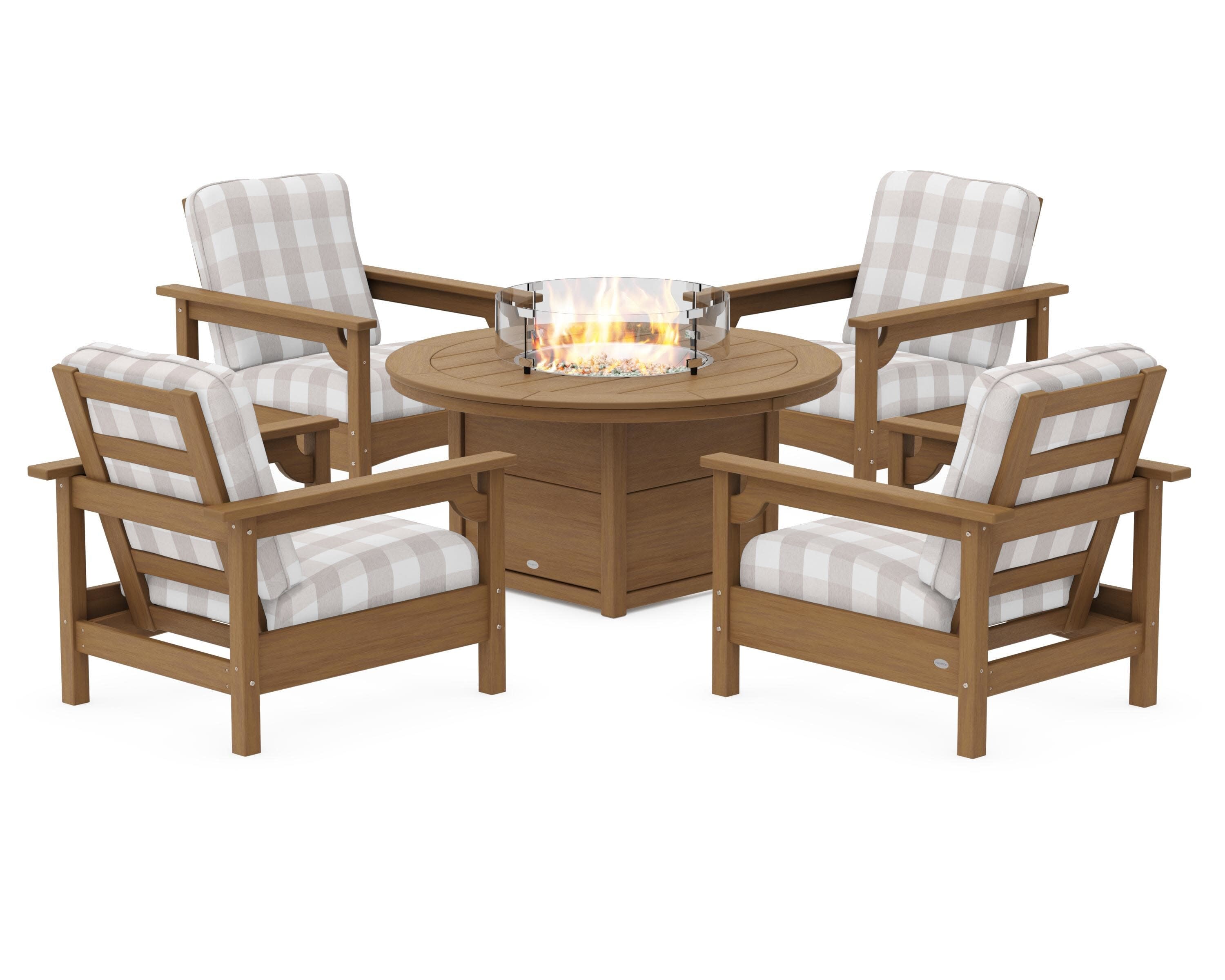 Club 5-Piece Conversation Set with Fire Pit Table in Natural / Buffalo Plaid Dune Burlap