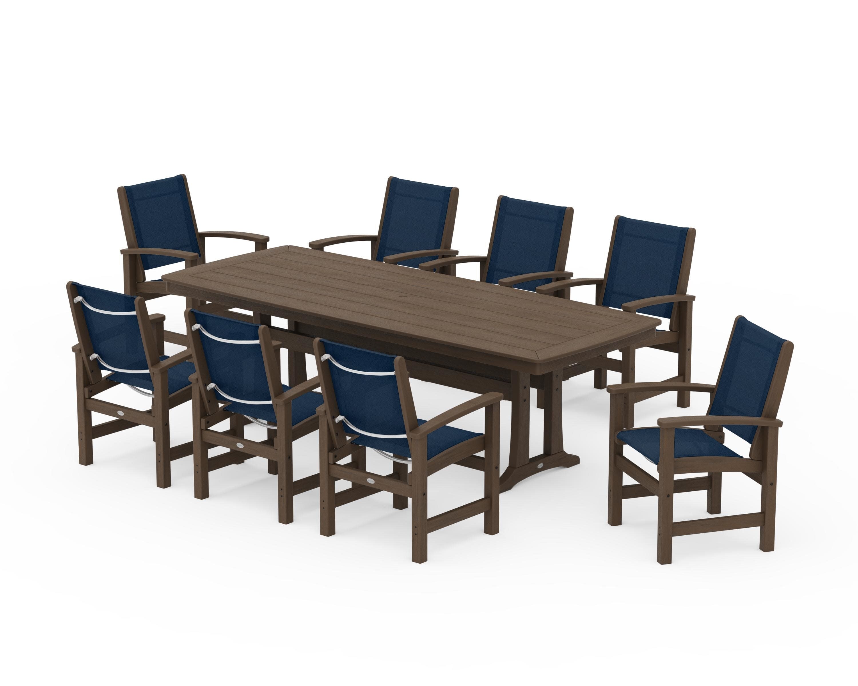 Coastal 9-Piece Dining Set with Trestle Legs in Kona / Navy Blue Sling