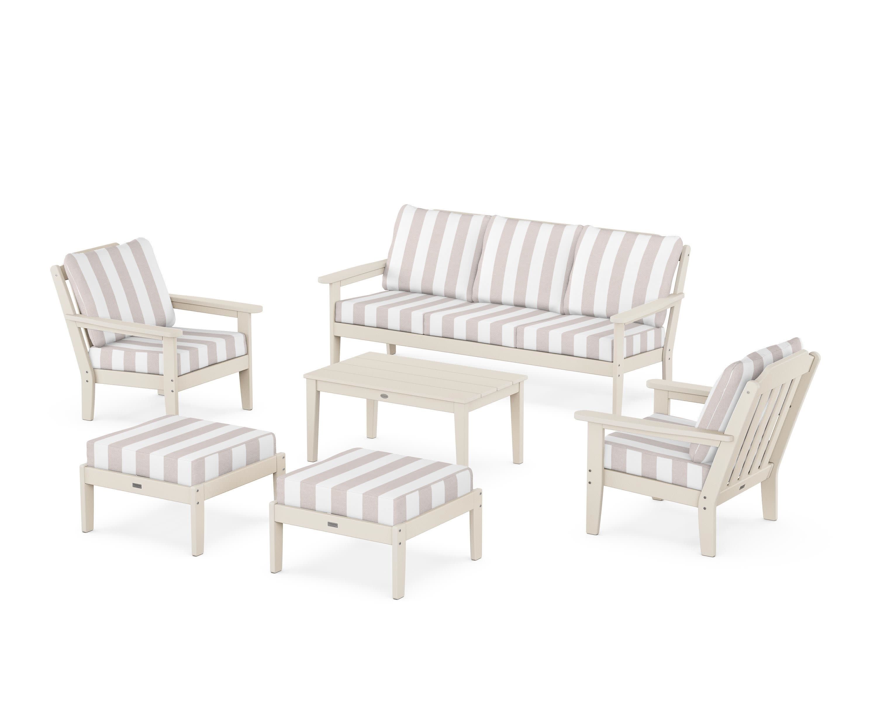 Cottage 6-Piece Lounge Sofa Set in Sand / Cabana Stripe Dune Burlap