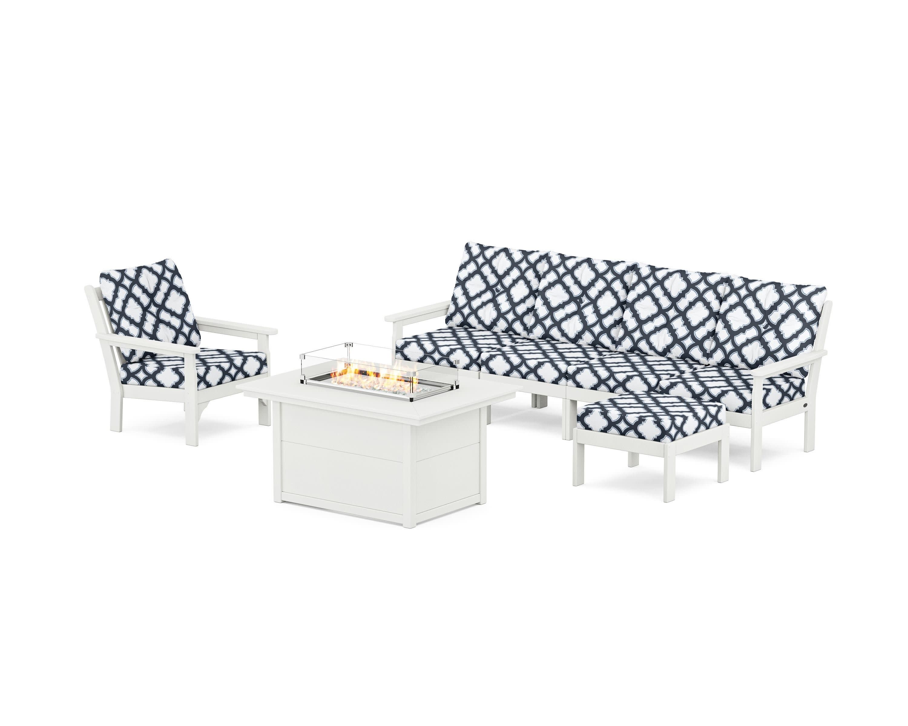 Vineyard Sectional Lounge and Fire Pit Set in Vintage White / Trellis Marine Indigo