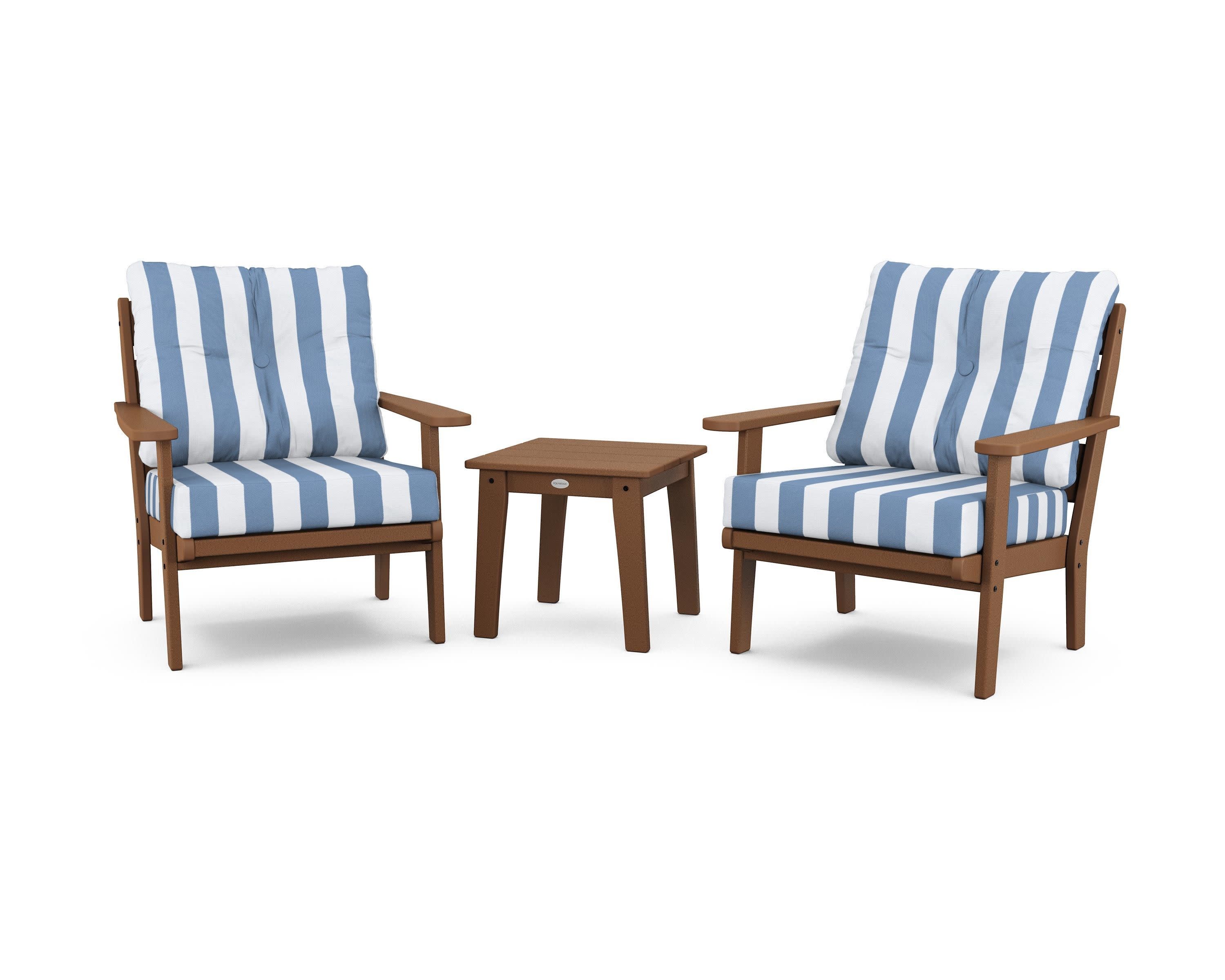 Lakeside 3-Piece Deep Seating Chair Set in Teak / Cabana Stripe Sky Blue