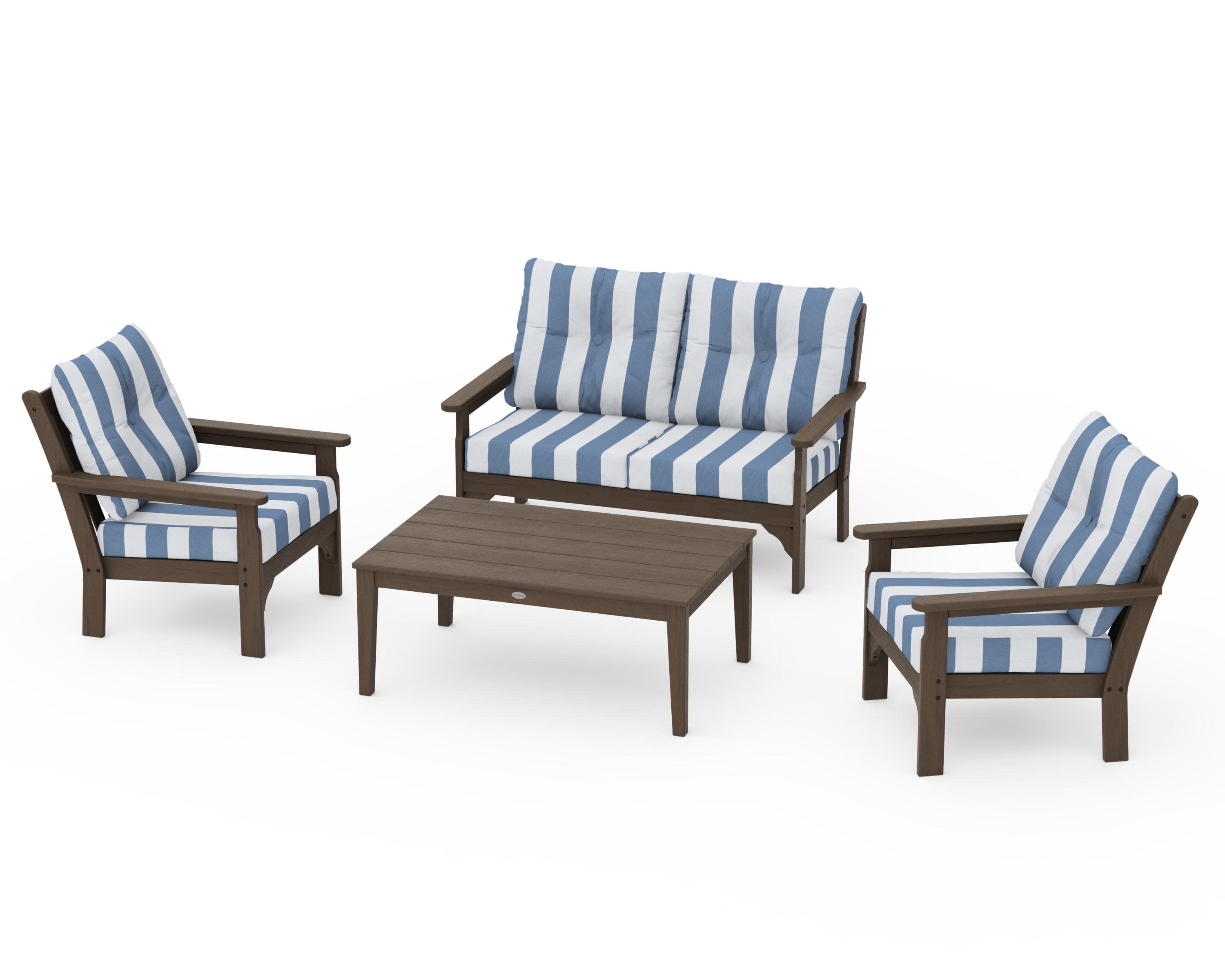 Vineyard 4-Piece Deep Seating Set in Kona / Cabana Stripe Sky Blue