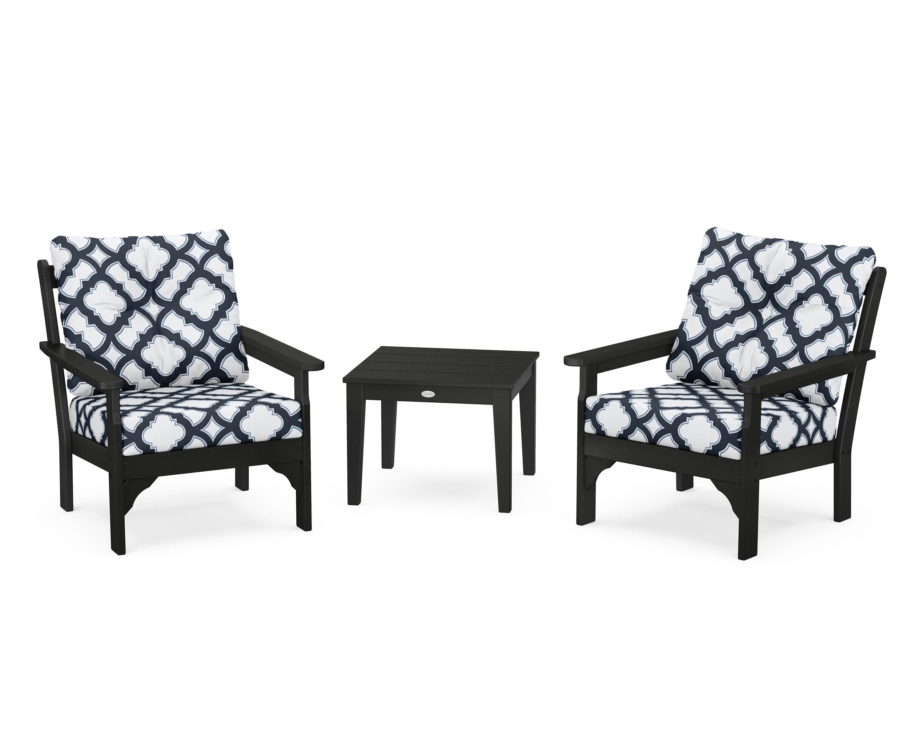 Vineyard 3-Piece Deep Seating Set in Black / Trellis Marine Indigo
