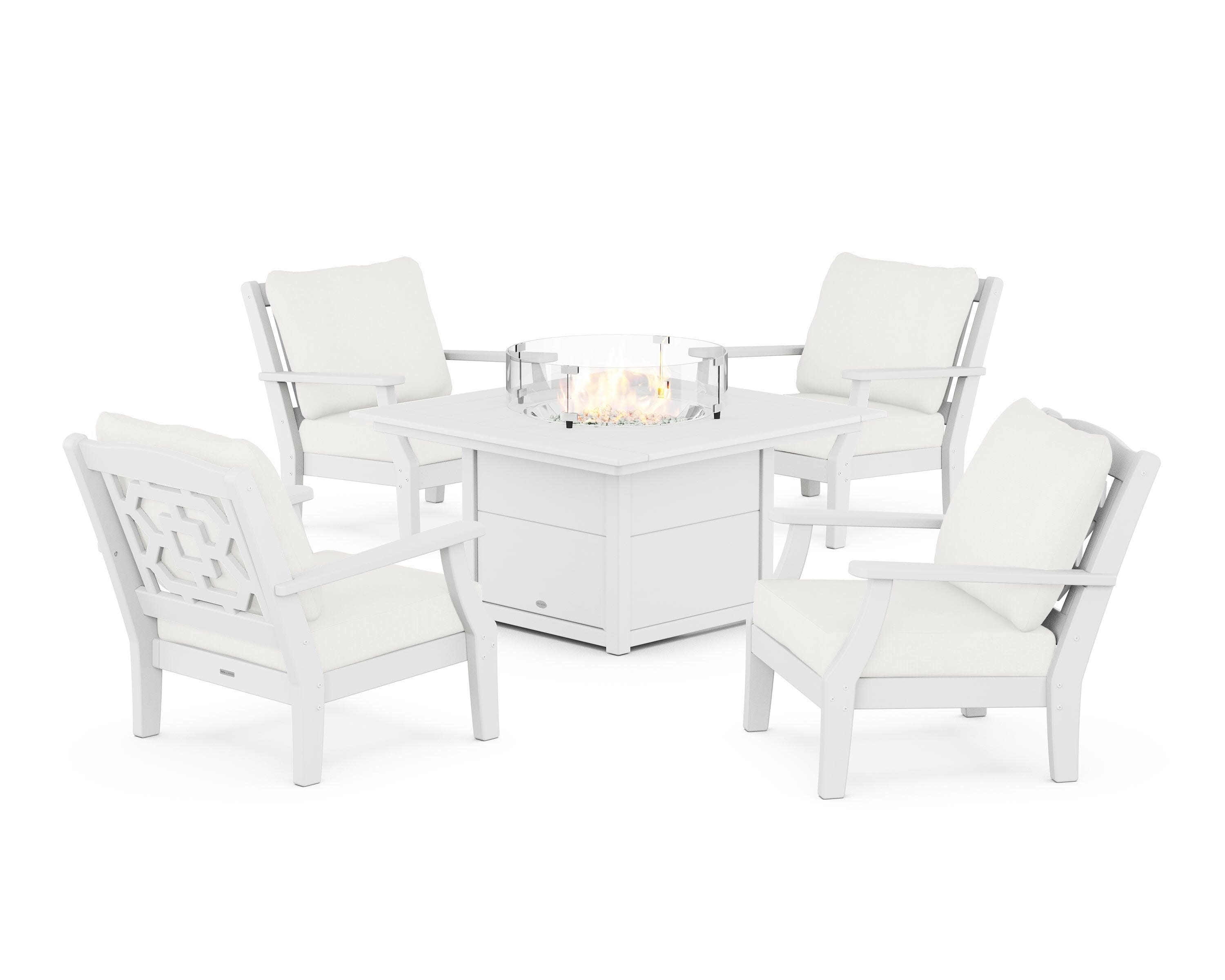 Chinoiserie 5-Piece Deep Seating Set with Fire Pit Table in White / Natural Linen