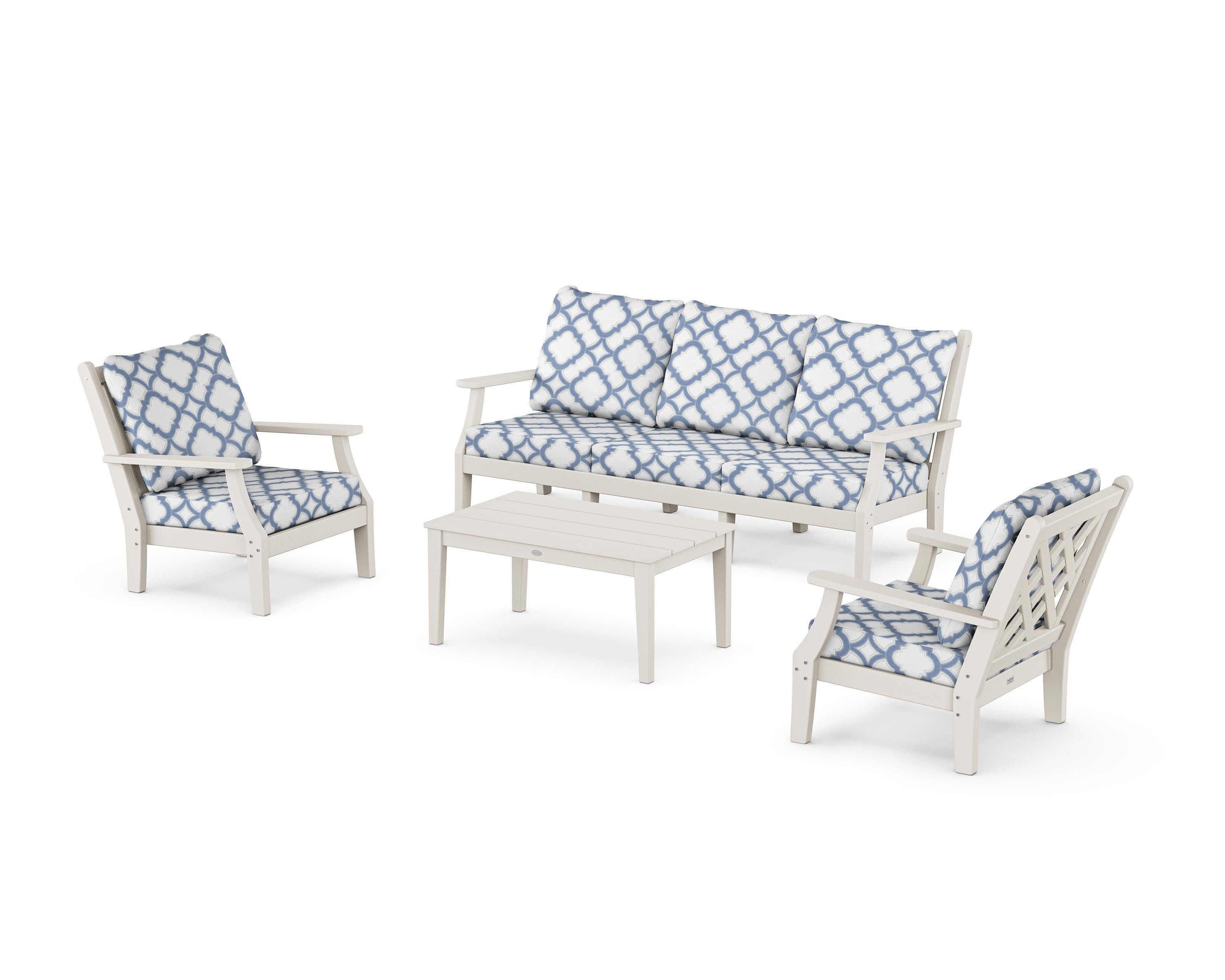 Wovendale 4-Piece Deep Seating Set with Sofa in Sand / Trellis Sky Blue