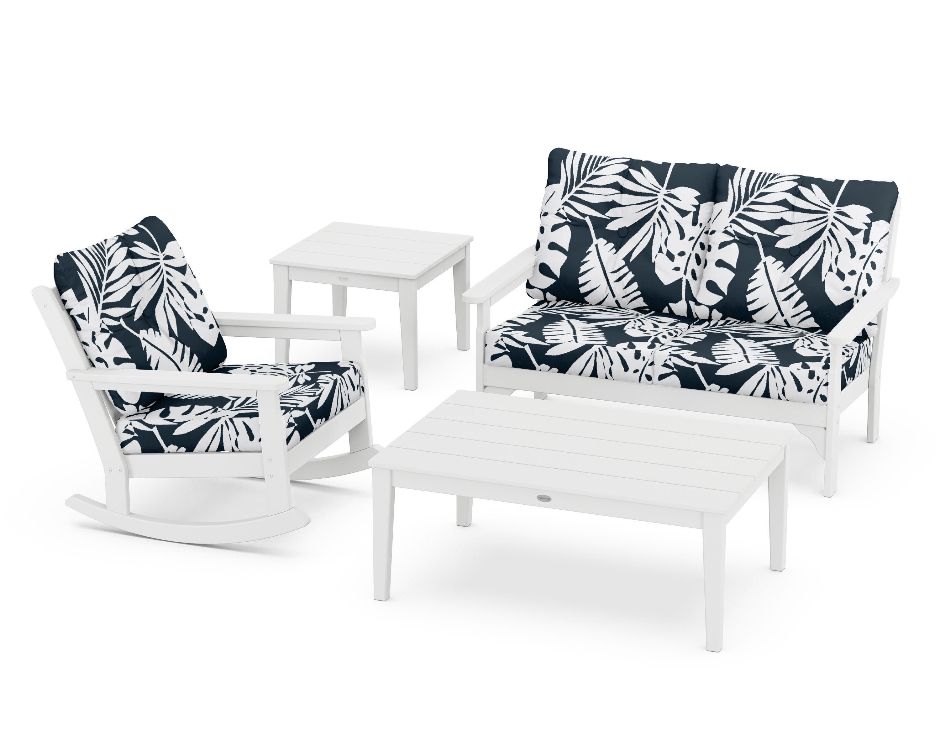 Vineyard 4-Piece Deep Seating Rocker Set in White / Leaf Marine Indigo