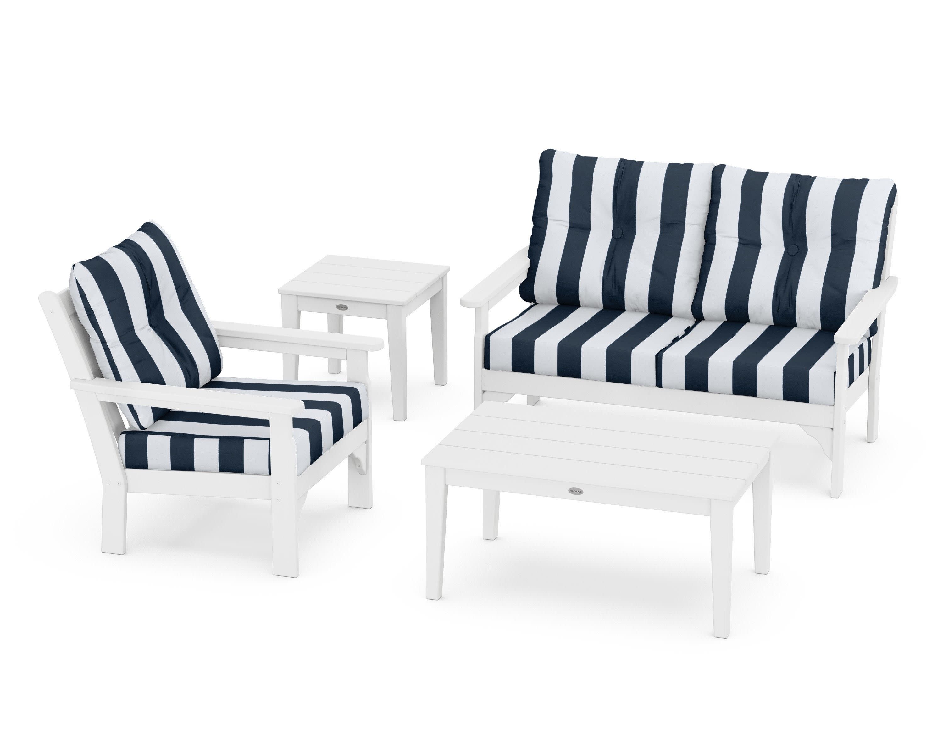 Vineyard 4-Piece Deep Seating Set in White / Cabana Stripe Marine Indigo