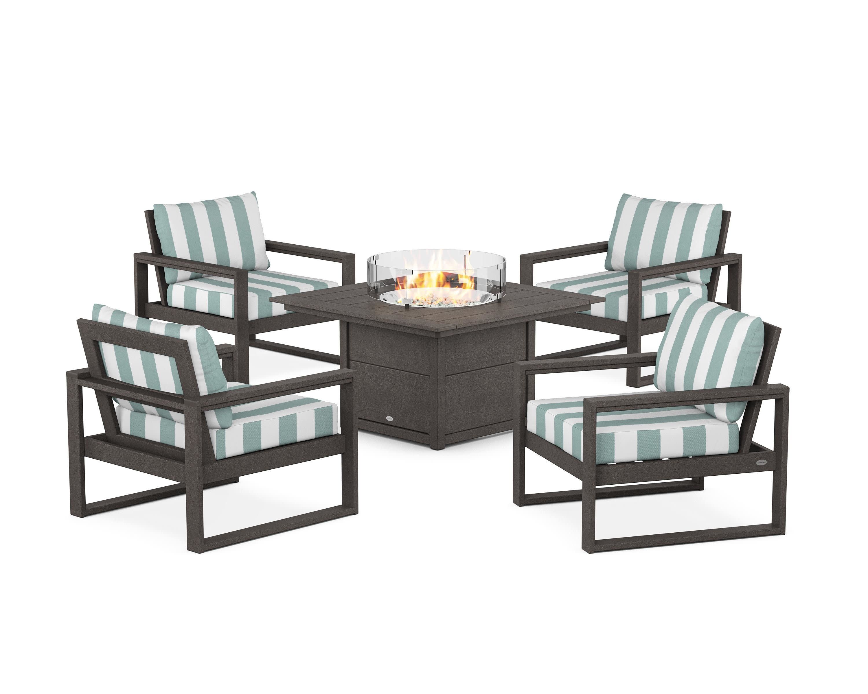 EDGE Sectional 5-Piece Deep Seating Set with Fire Pit Table in Vintage Coffee / Cabana Stripe Glacier Spa