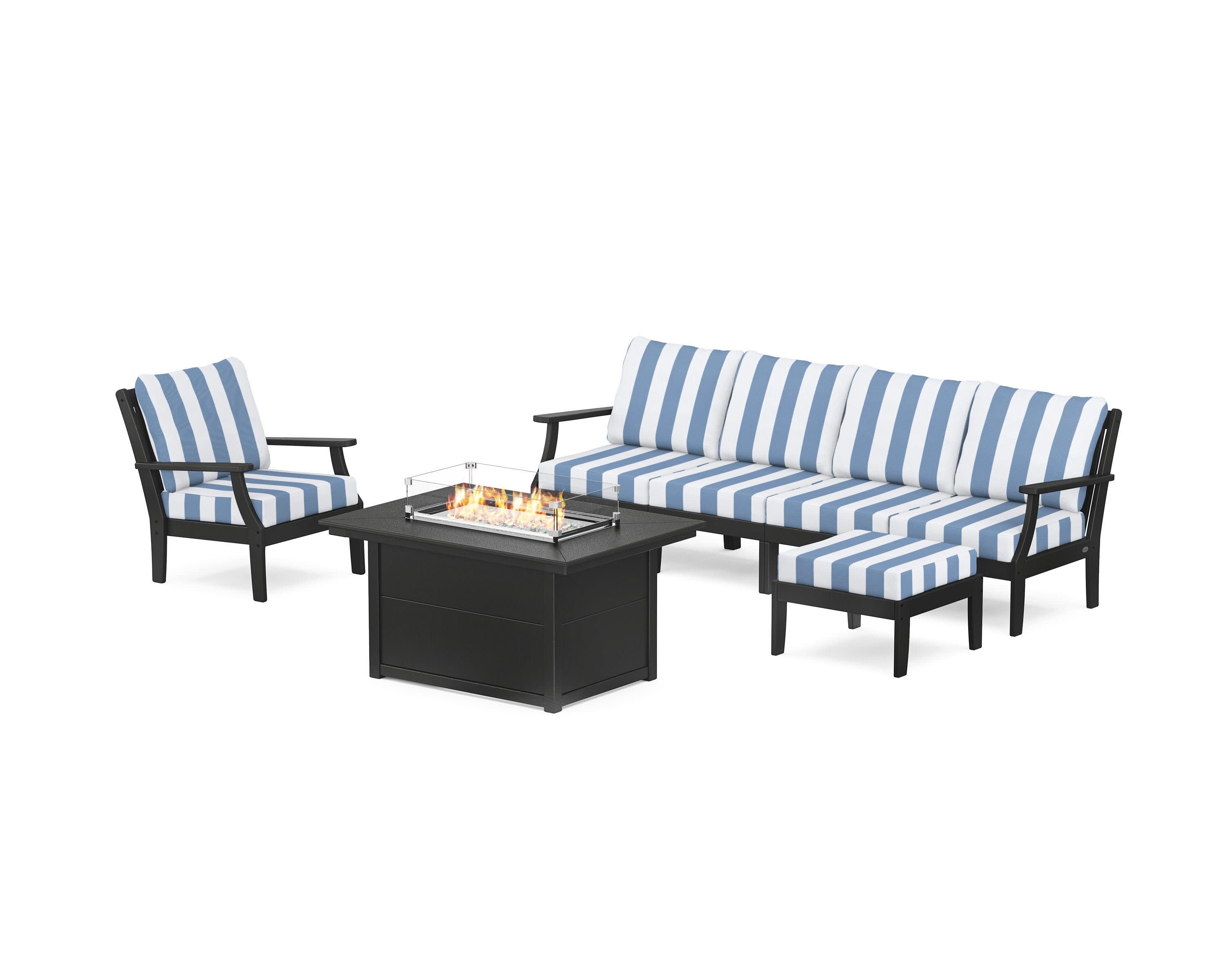 Braxton Sectional Lounge and Fire Pit Set in Black / Cabana Stripe Sky Blue