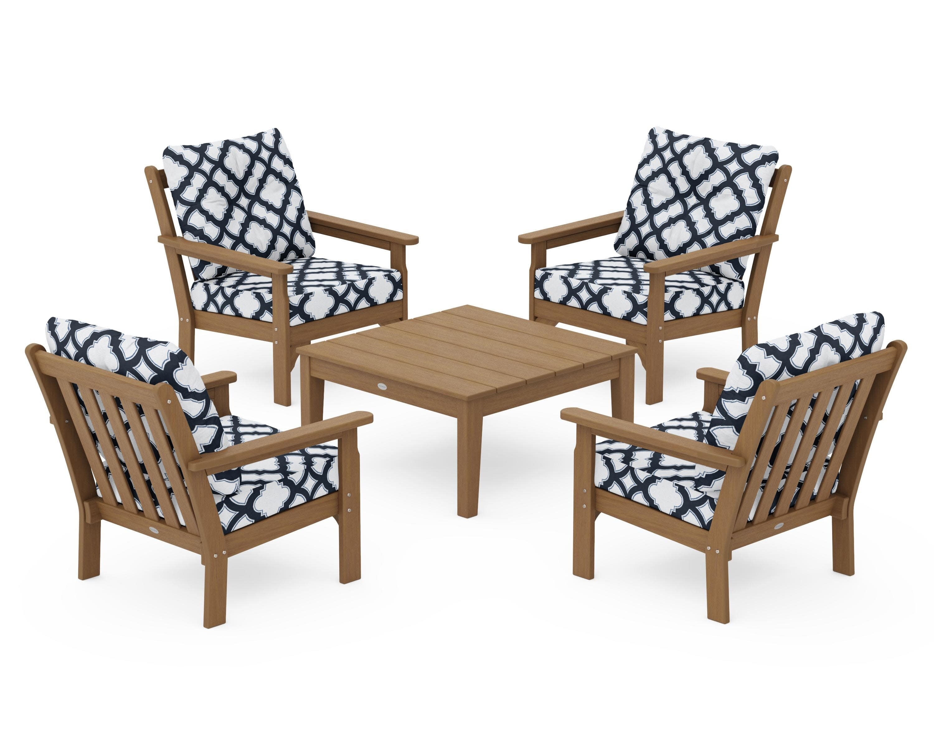 Vineyard 5-Piece Deep Seating Conversation Set in Natural / Trellis Marine Indigo
