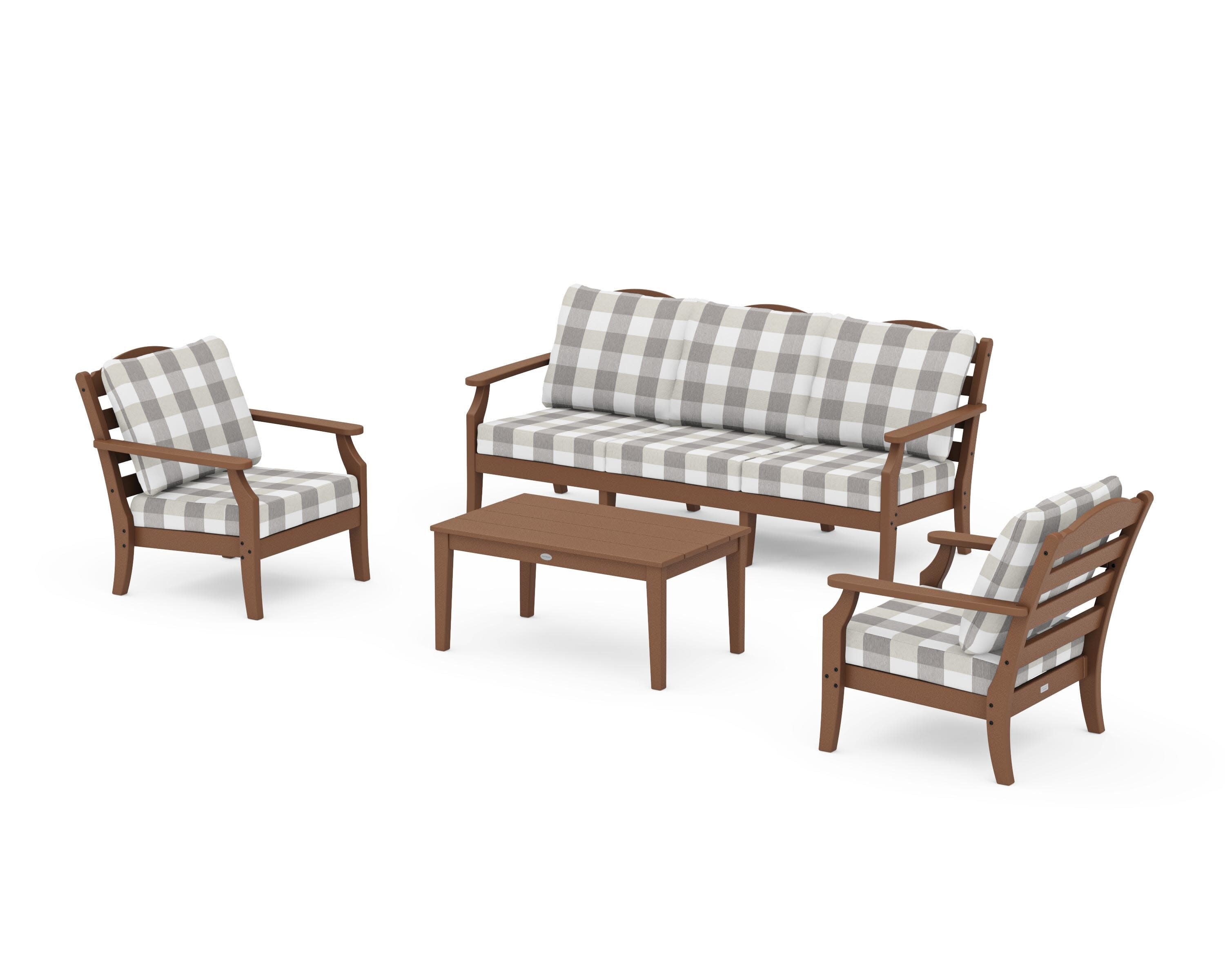 Savannah 4-Piece Deep Seating Set with Sofa in Teak / Buffalo Plaid Grey Mist