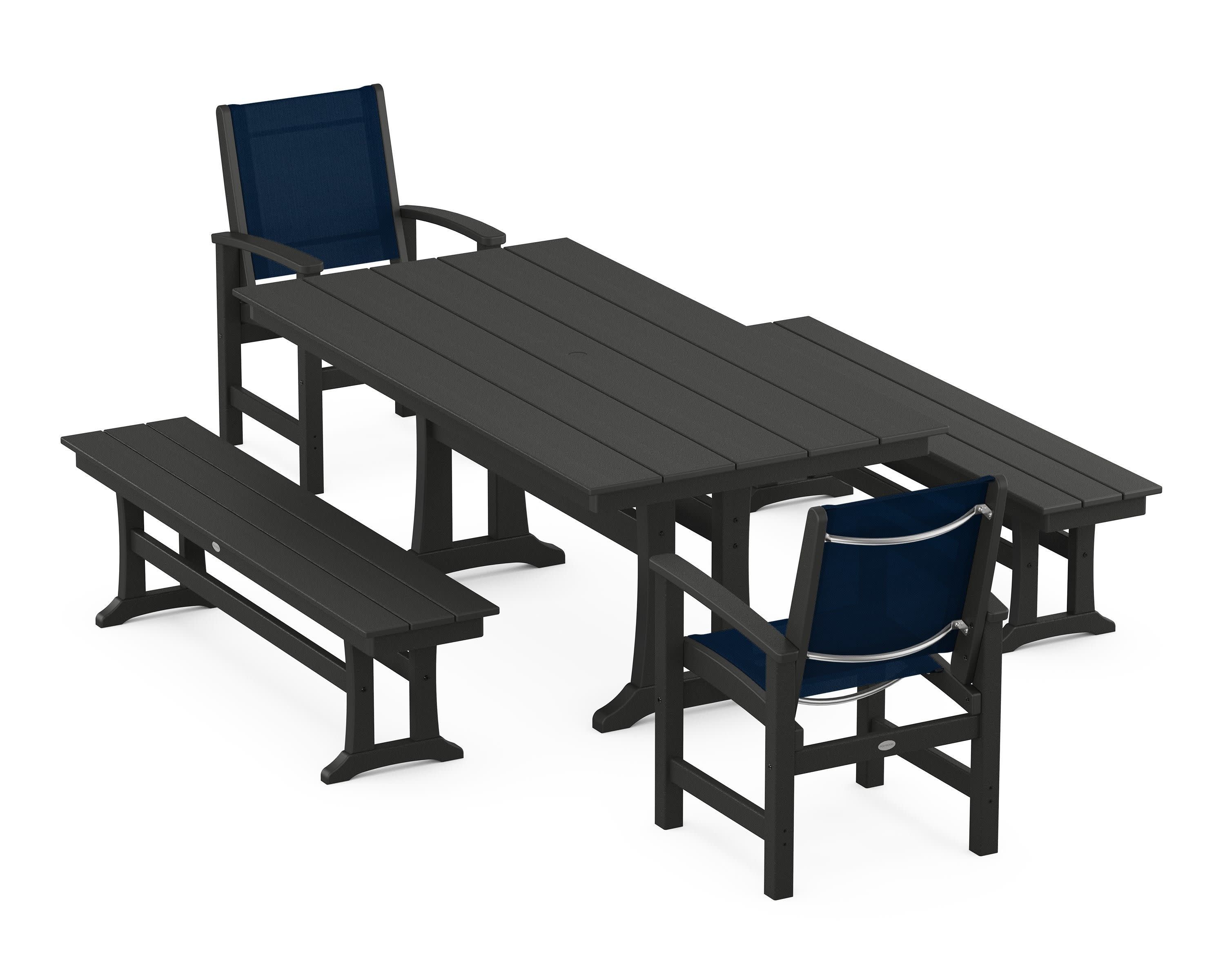 Coastal 5-Piece Farmhouse Dining Set with Trestle Legs and Benches in Black / Navy Blue Sling