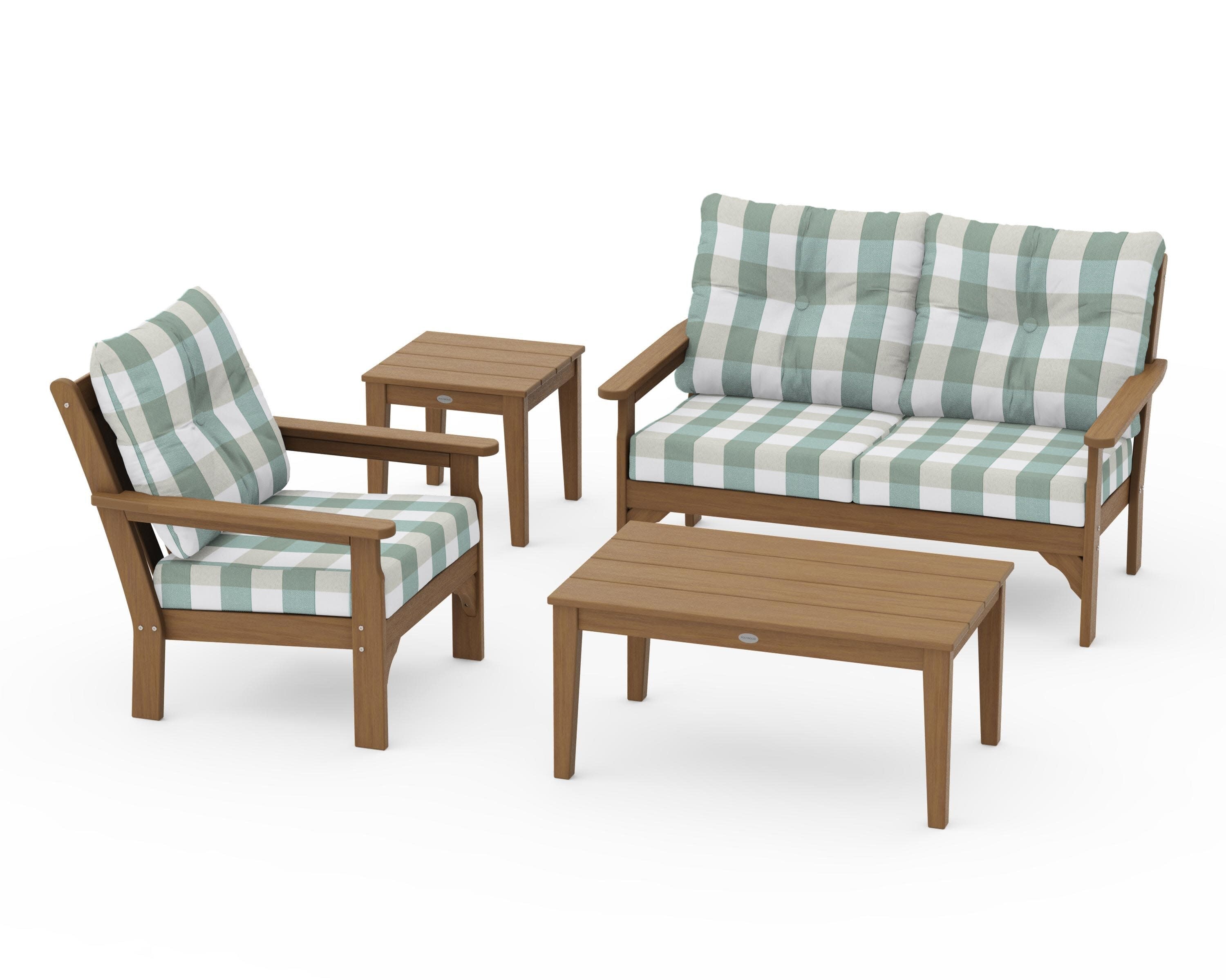 Vineyard 4-Piece Deep Seating Set in Natural / Buffalo Plaid Glacier Spa