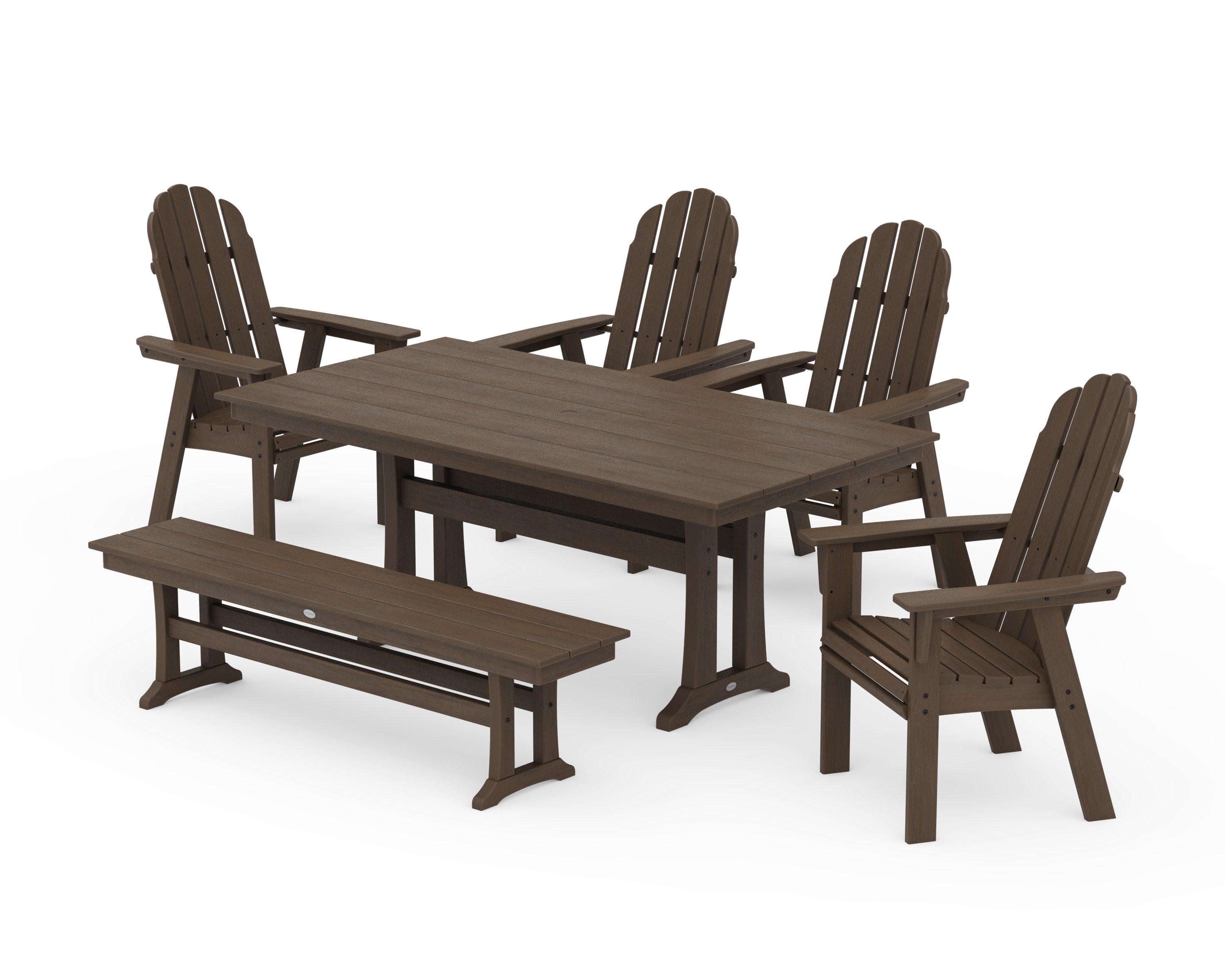 Vineyard Curveback Adirondack Chair 6-Piece Farmhouse Dining Set with Trestle Legs and Bench in Kona