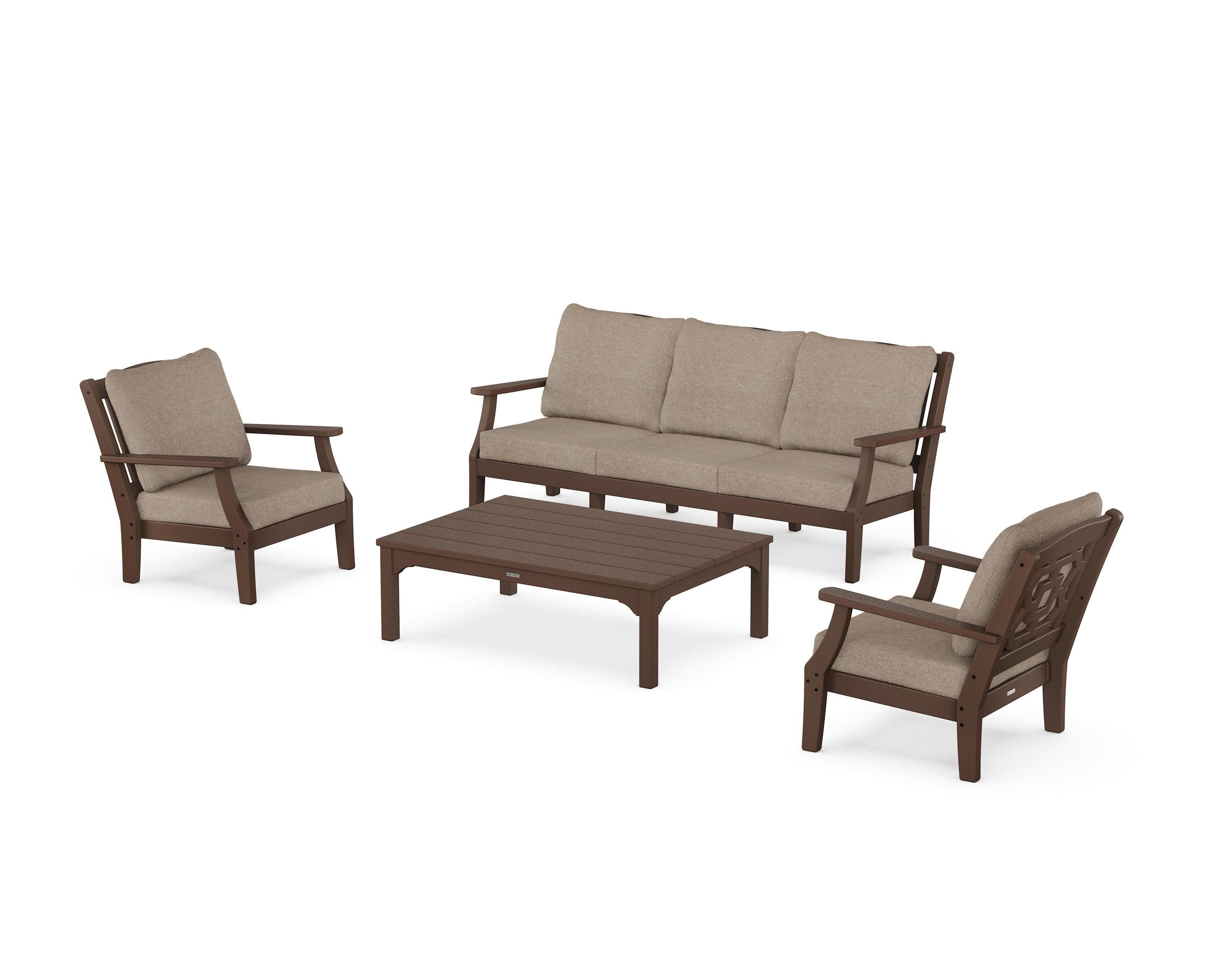 Chinoiserie 4-Piece Deep Seating Set with Sofa in Mahogany / Spiced Burlap