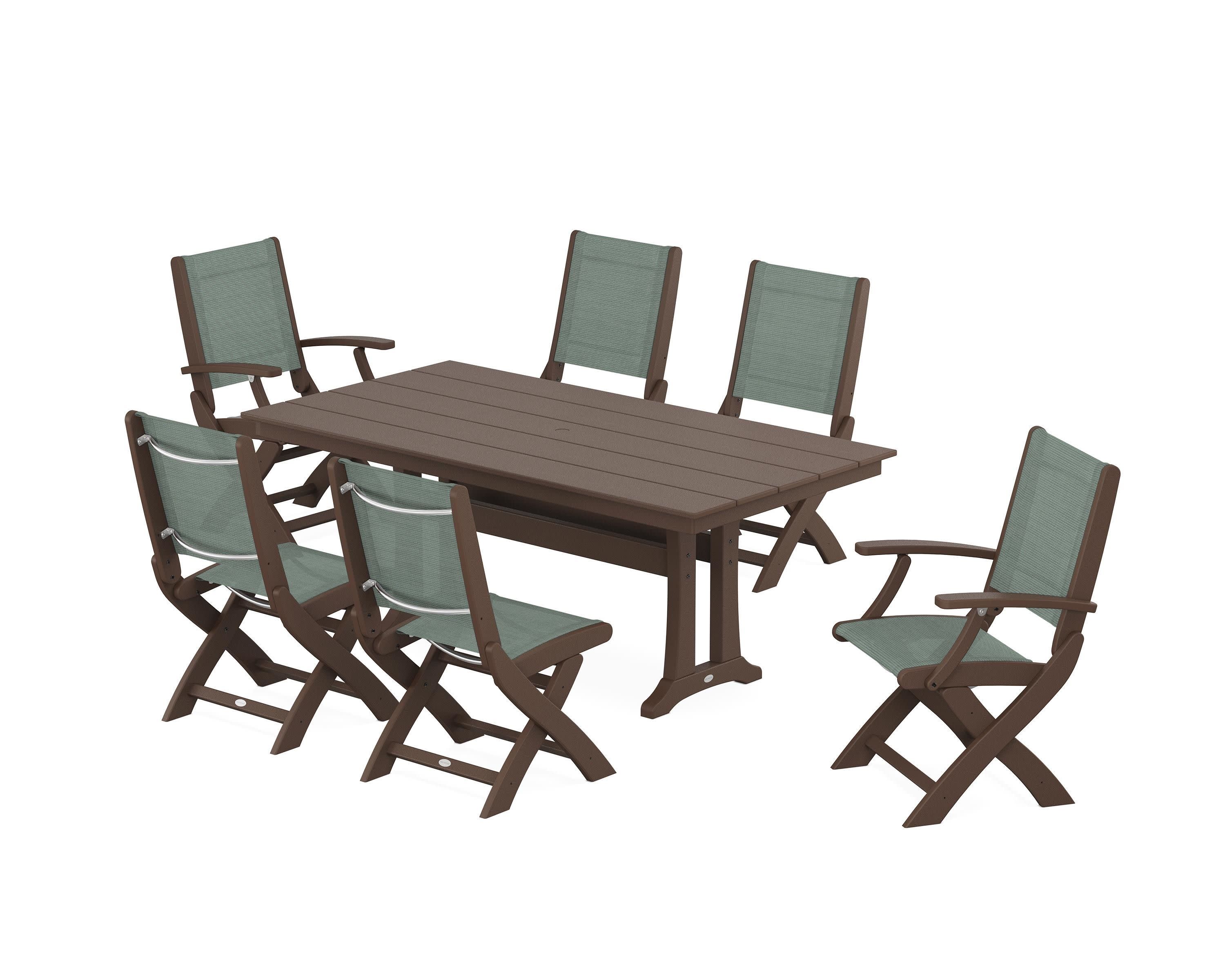 Coastal Folding Chair 7-Piece Farmhouse Dining Set with Trestle Legs in Mahogany / Dupioni Sea Mist Sling
