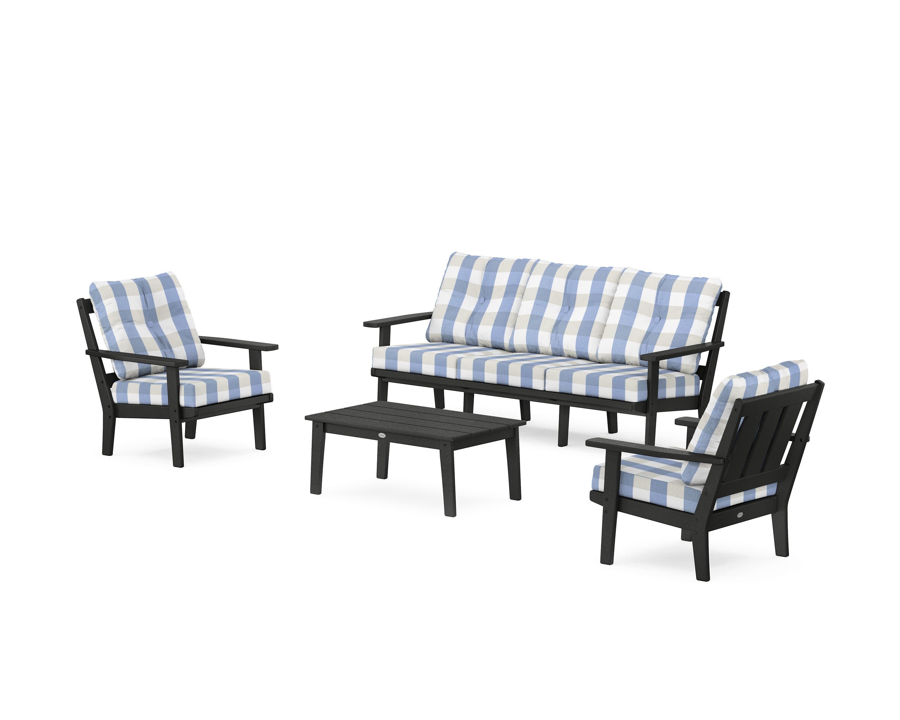 Oxford 4-Piece Deep Seating Set with Sofa in Black / Buffalo Plaid Sky Blue