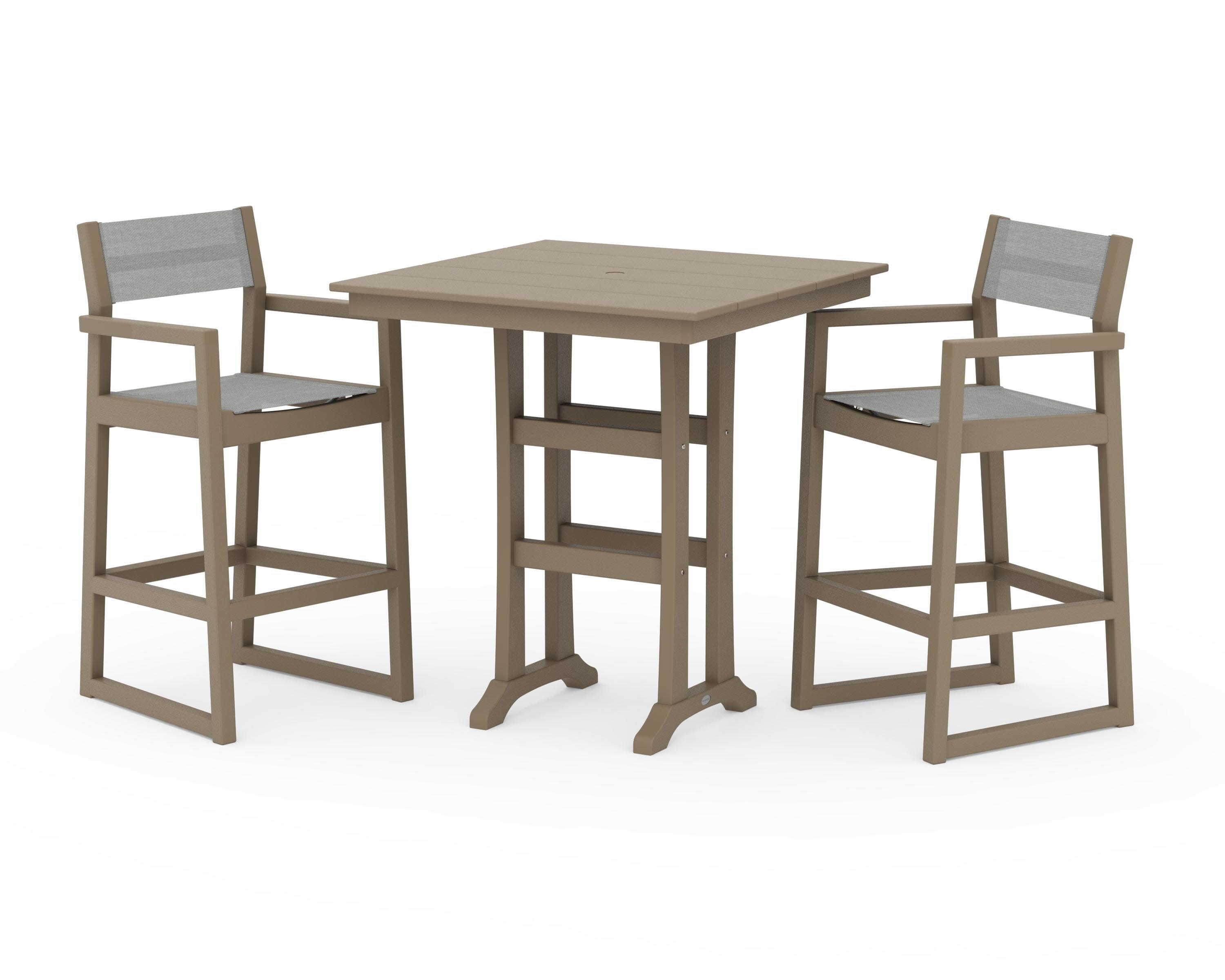 EDGE Sling Arm Chair 3-Piece Farmhouse Bar Set with Trestle Legs in Vintage Sahara / Metallic Sling