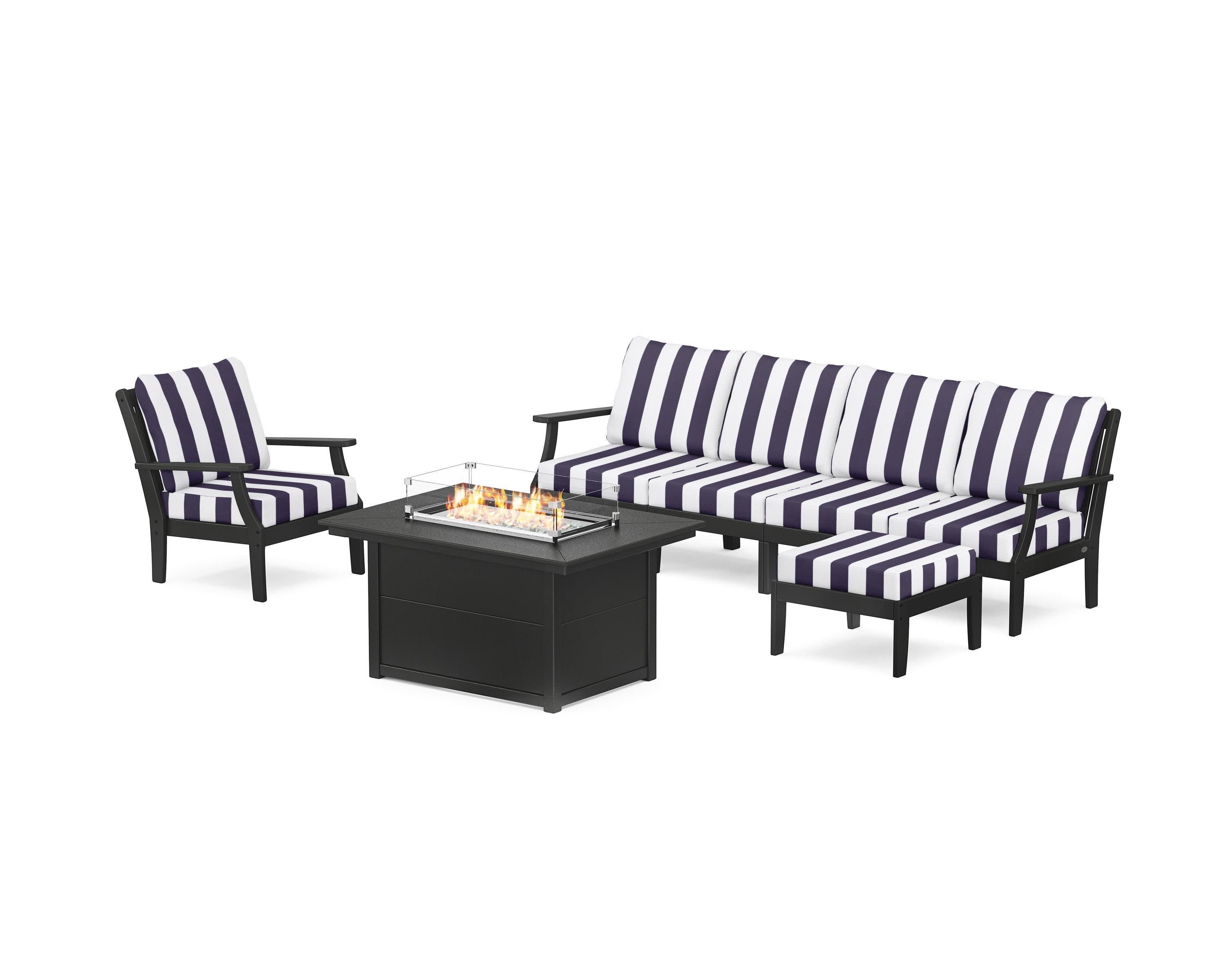 Braxton Sectional Lounge and Fire Pit Set in Black / Cabana Stripe Navy