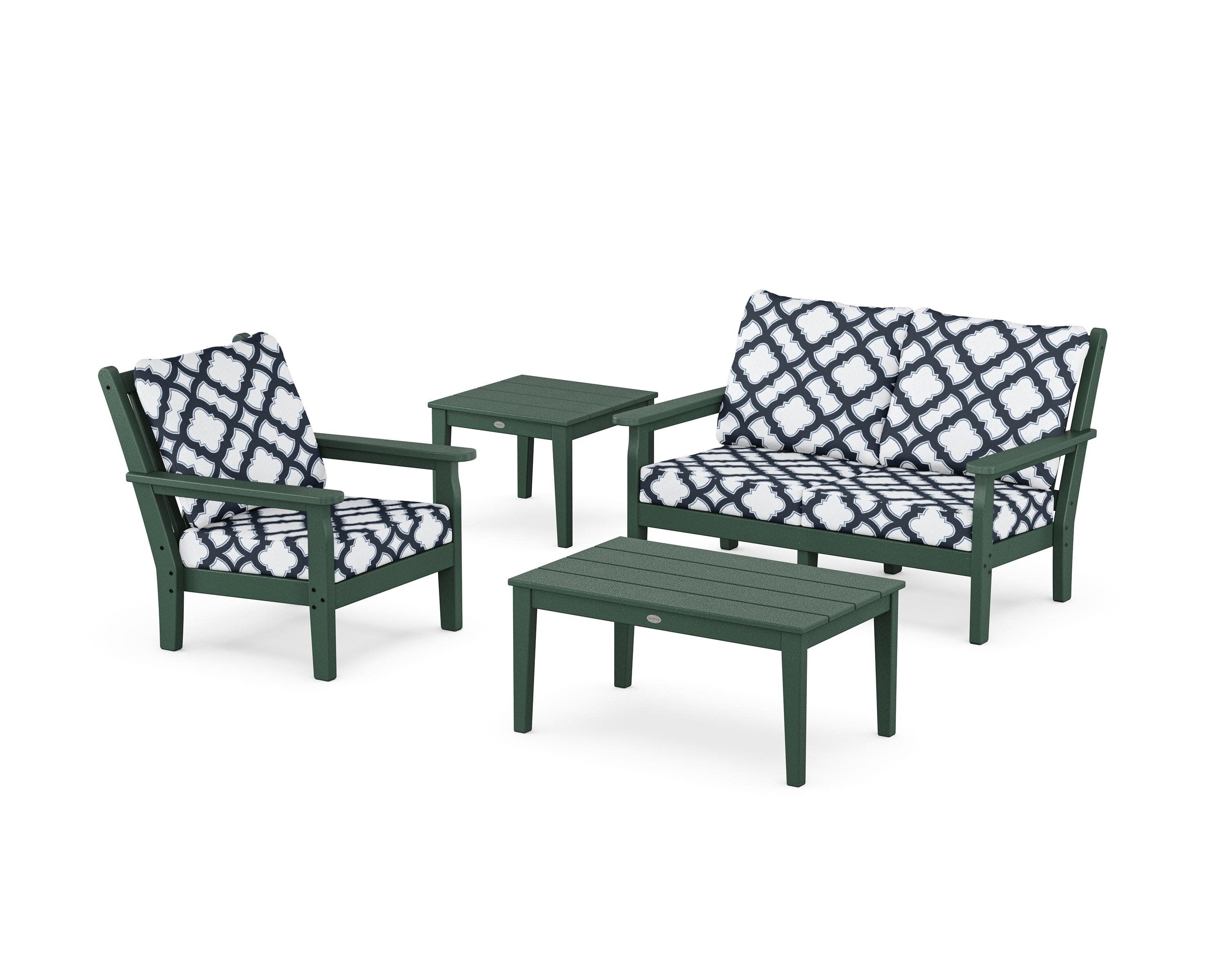 Chippendale 4-Piece Deep Seating Set in Green / Trellis Marine Indigo